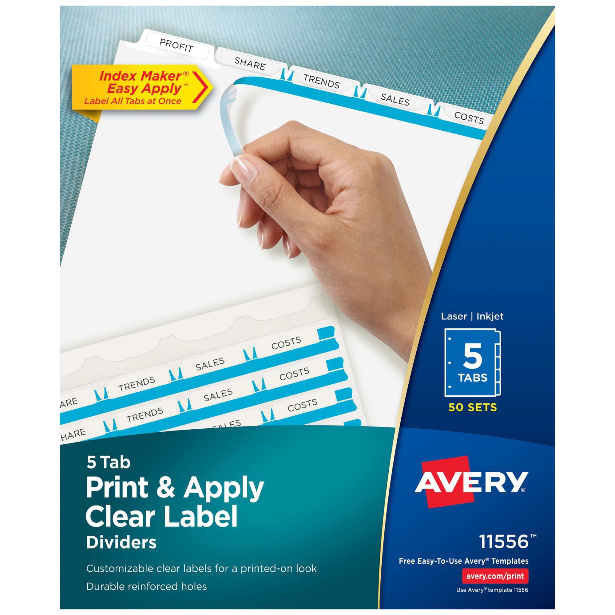 Avery 5-Tab Dividers for 3-Ring Binder - Easy Print & Apply Clear Label Strips - Customizable White Index Tabs - 50 Sets (11556) - Perfect for Office Organization, School Projects, and Document Filing
