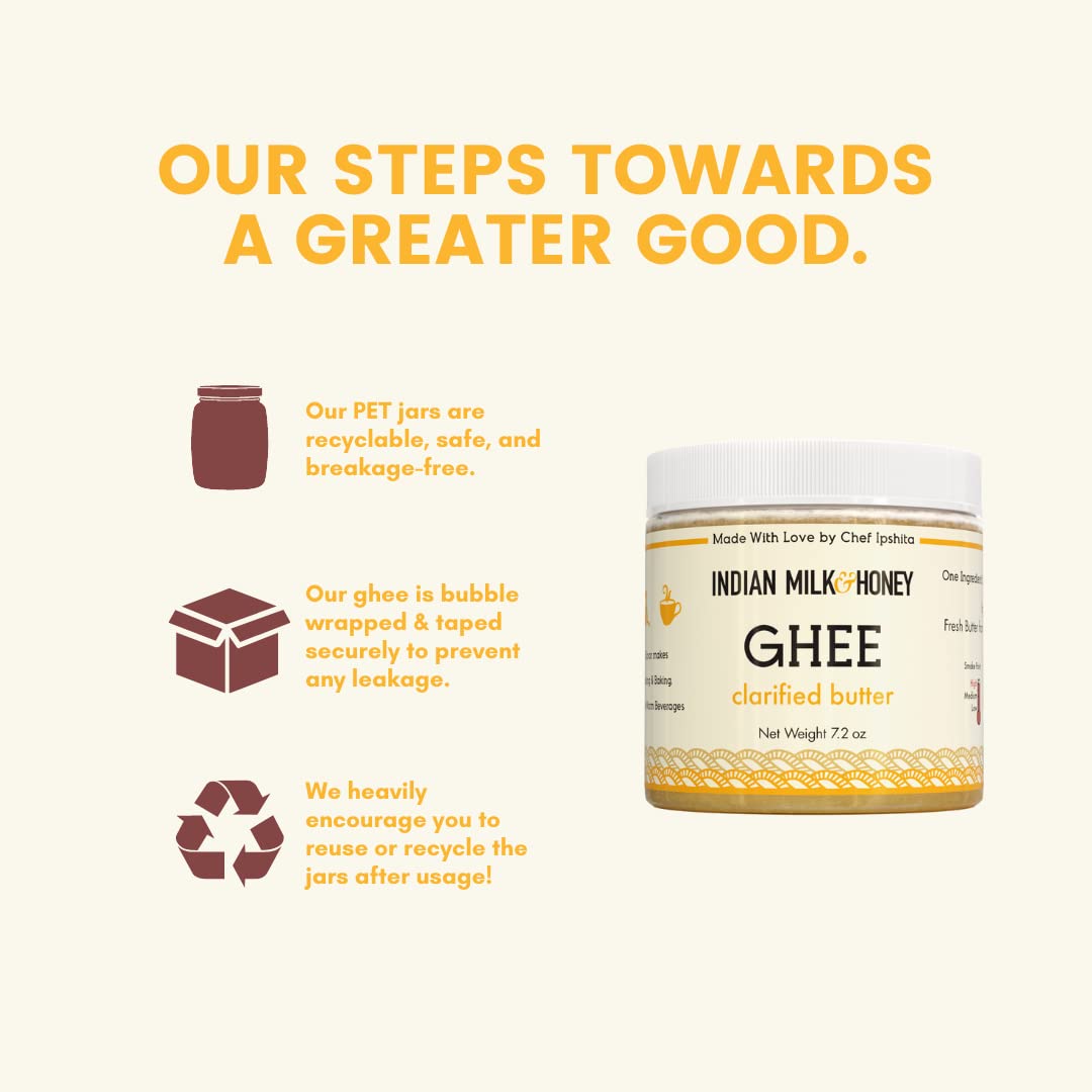 Organic Indian Milk & Honey Classic Ghee Butter - 100% Grass-Fed, 7.2 oz - Handcrafted, Locally Sourced, Lactose & Gluten Free - Pure Clarified Butter in Eco-Friendly PET Jar - Perfect for Keto, Paleo & Ayurvedic Cooking
