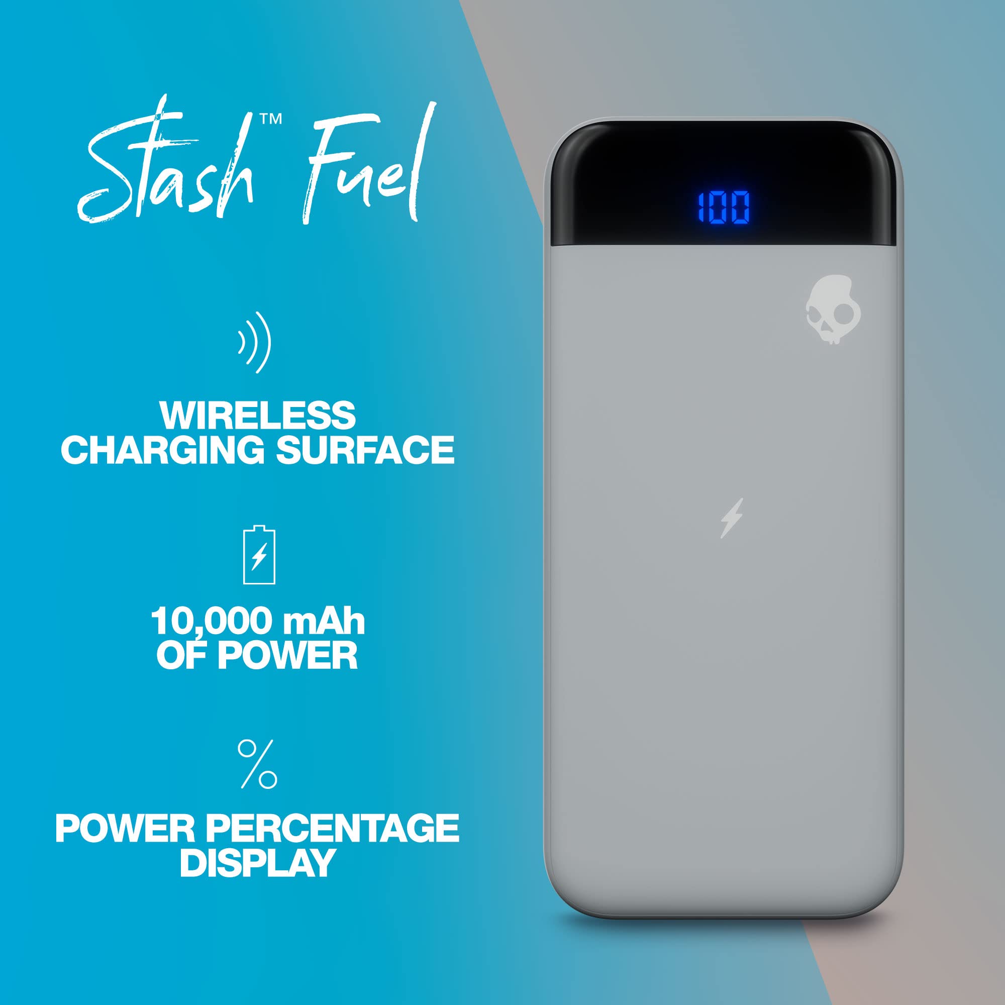 Skullcandy Stash Fuel 10000mAh Wireless Power Bank - 10W Fast Wireless Charging, USB-C & Dual USB-A Ports, Includes Micro USB/Type-C Cable (Grey/Blue) - Perfect for Travel, Camping & On-the-Go Charging