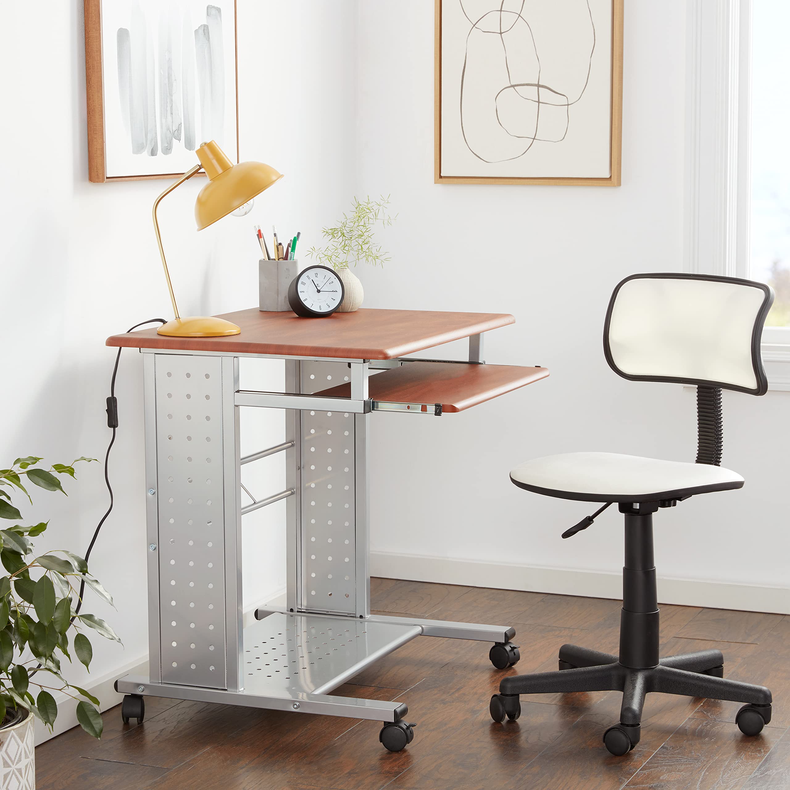 Safco SOHO Mobile Workstation - Medium Size Cherry Wood & Metallic Gray Rolling Desk for Home Office, Small Business & Workspace Organization