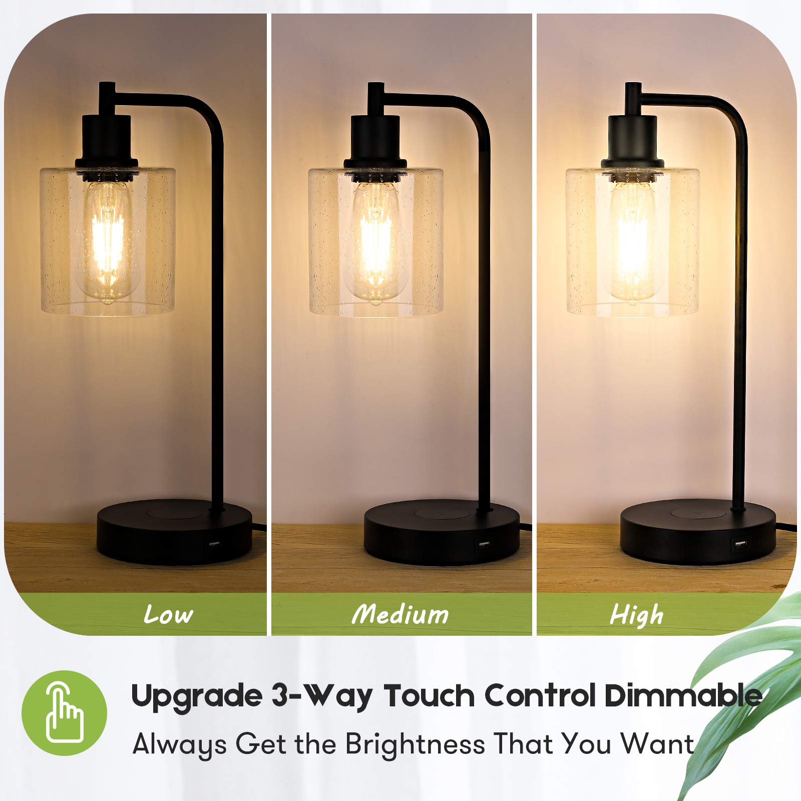 2-Pack Wireless Charging Industrial Table Lamp - 3-Way Touch Control, Dimmable Desk Lamp with USB Port & Hanging Seeded Glass Shade for Office, Bedroom, Living Room (Bulb Included) | Perfect for Workspaces, Nightstands & Modern Home Decor