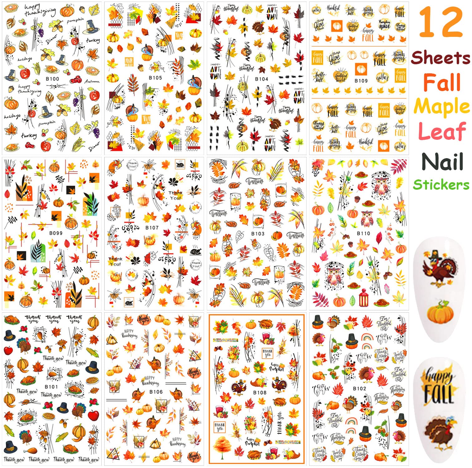 12 Sheets 3D Fall Nail Art Stickers - Autumn Leaves, Maple Leaf & Pumpkin Thanksgiving Nail Decals for Women | DIY Manicure Decorations for Halloween, Thanksgiving Parties & Seasonal Nail Designs