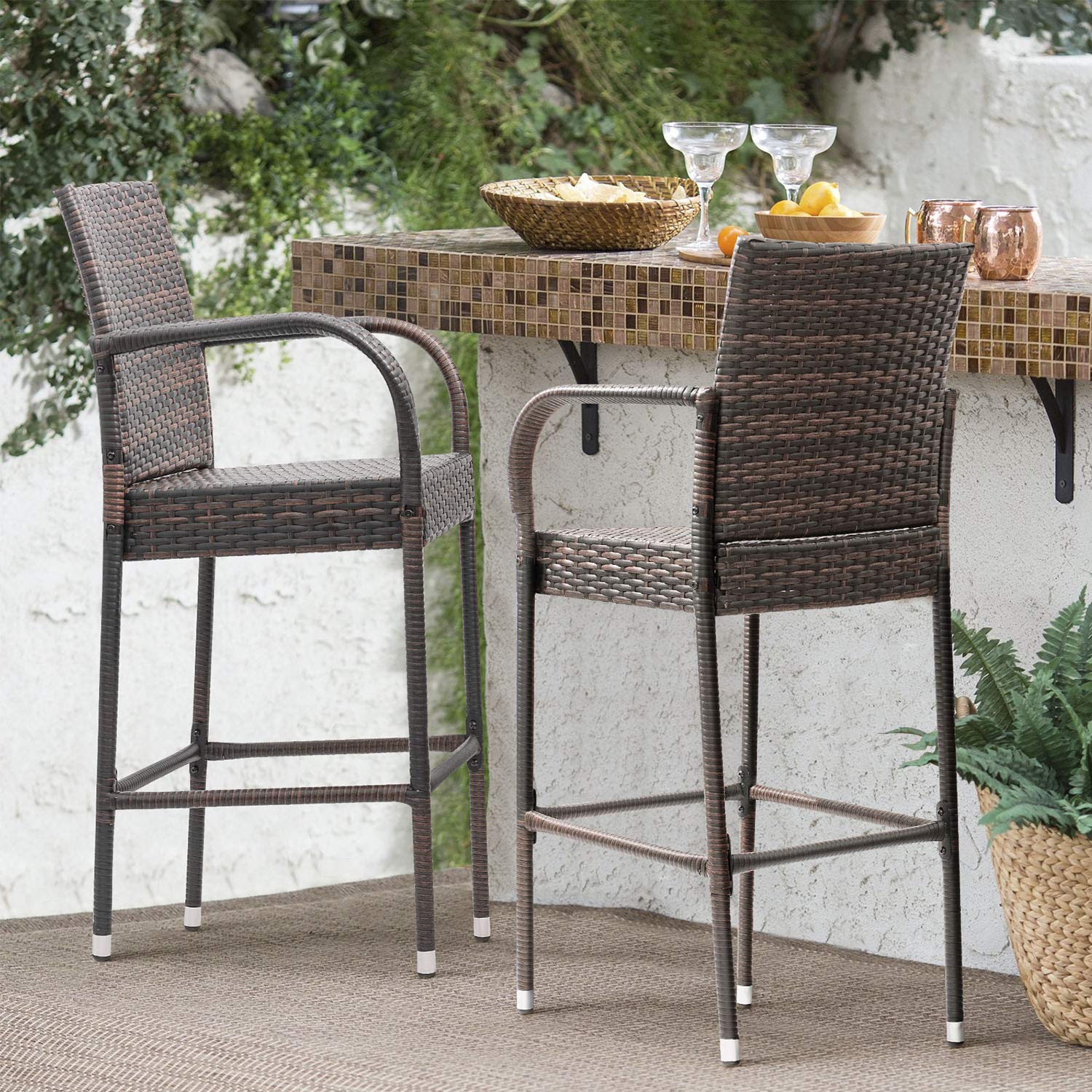 Homall 2-Pack Brown Wicker Bar Stools with Footrest & Armrest - Indoor Outdoor Patio Furniture for Garden, Pool, Lawn, Backyard - Perfect for Entertaining, Dining & Relaxing
