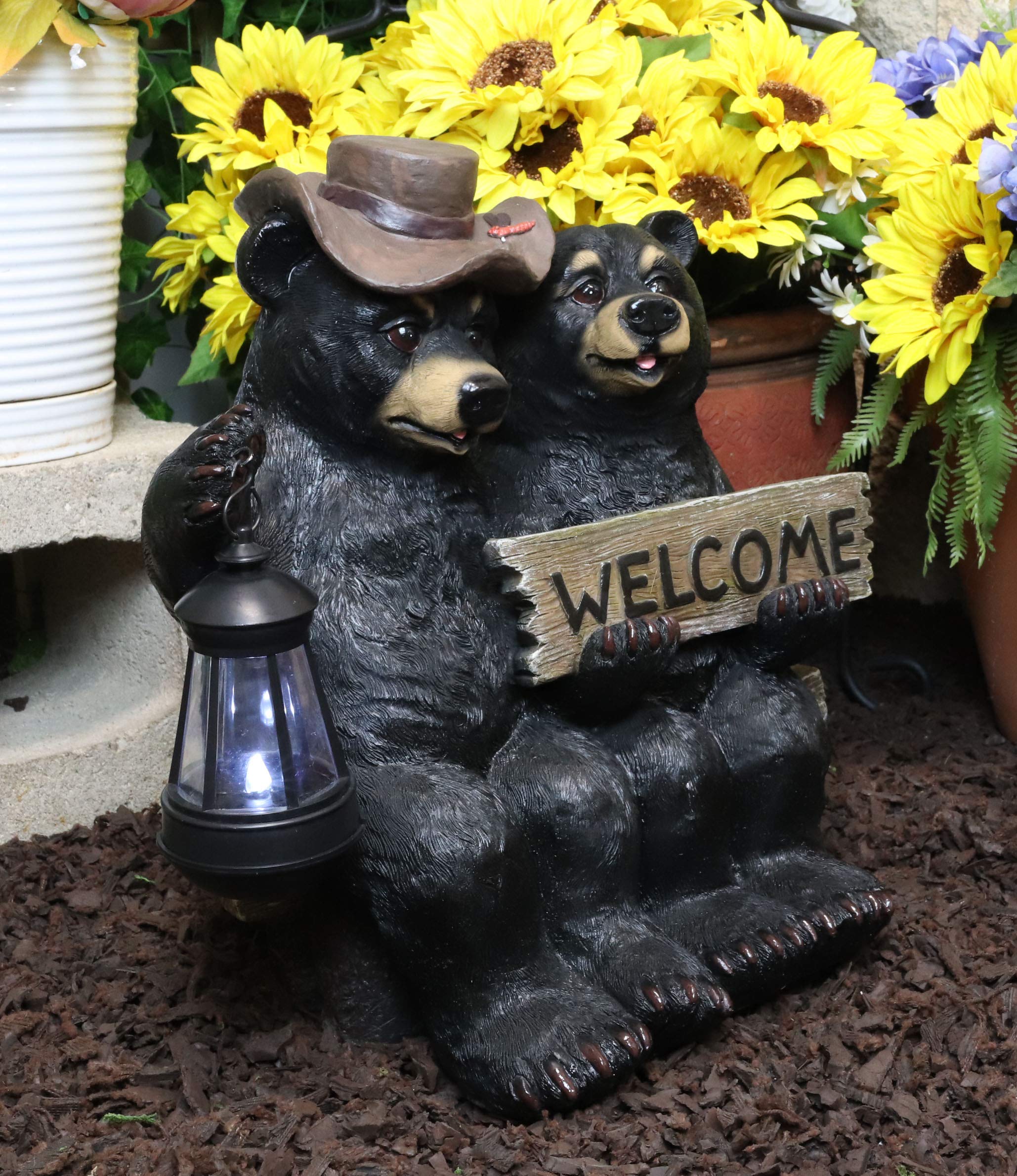 Ebros Rustic Forest Black Bear Couple Statue with Solar LED Lantern - Valentine's Garden Decor for Pathways, Parks & Outdoor Spaces