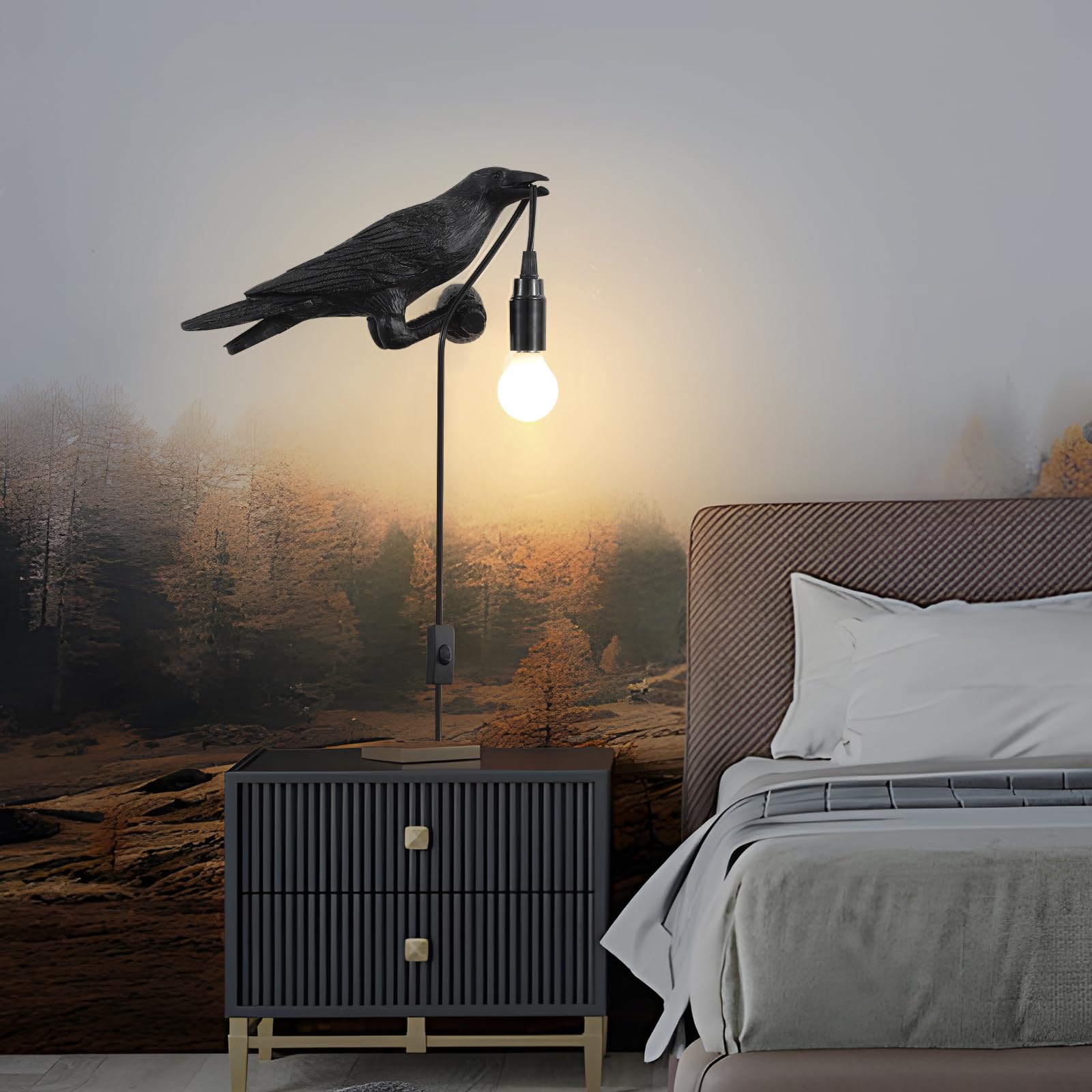 Gothic Raven Table Lamp - Adjustable Crow Desk Light & Wall Sconce, Realistic Resin Bird Decor for Bedroom, Living Room, Office - Modern Gothic Home Decor for Halloween, Witchy Aesthetic & Dark Academia Style