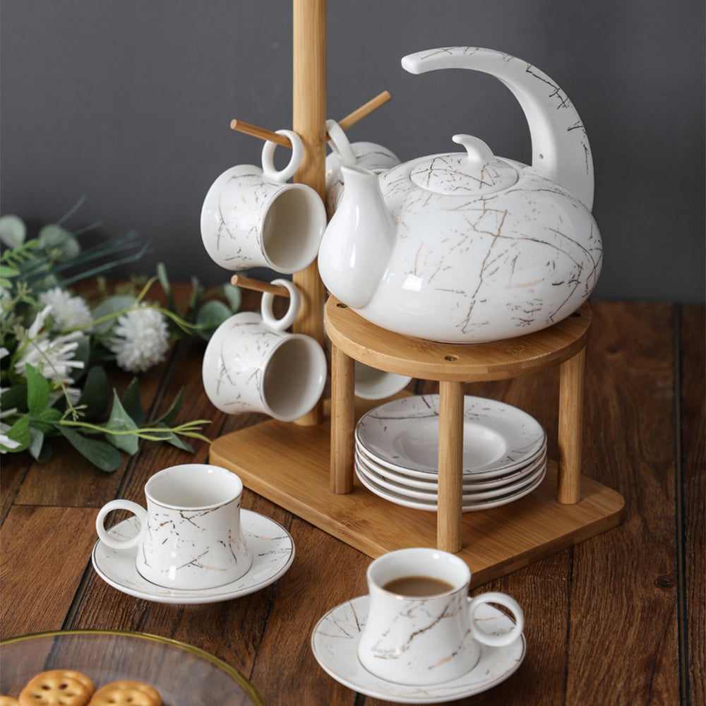 Elegant Modern Ceramic Marble Tea Set with Bamboo Tray - Perfect for Afternoon Tea, Gifts, and Home Decor