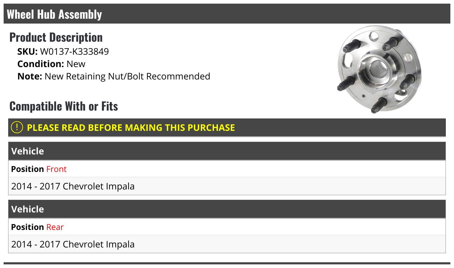High-Quality Front & Rear Wheel Bearing Hub Assembly for 2014-2017 Chevy Impala - Perfect for Smooth Ride & DIY Car Repairs