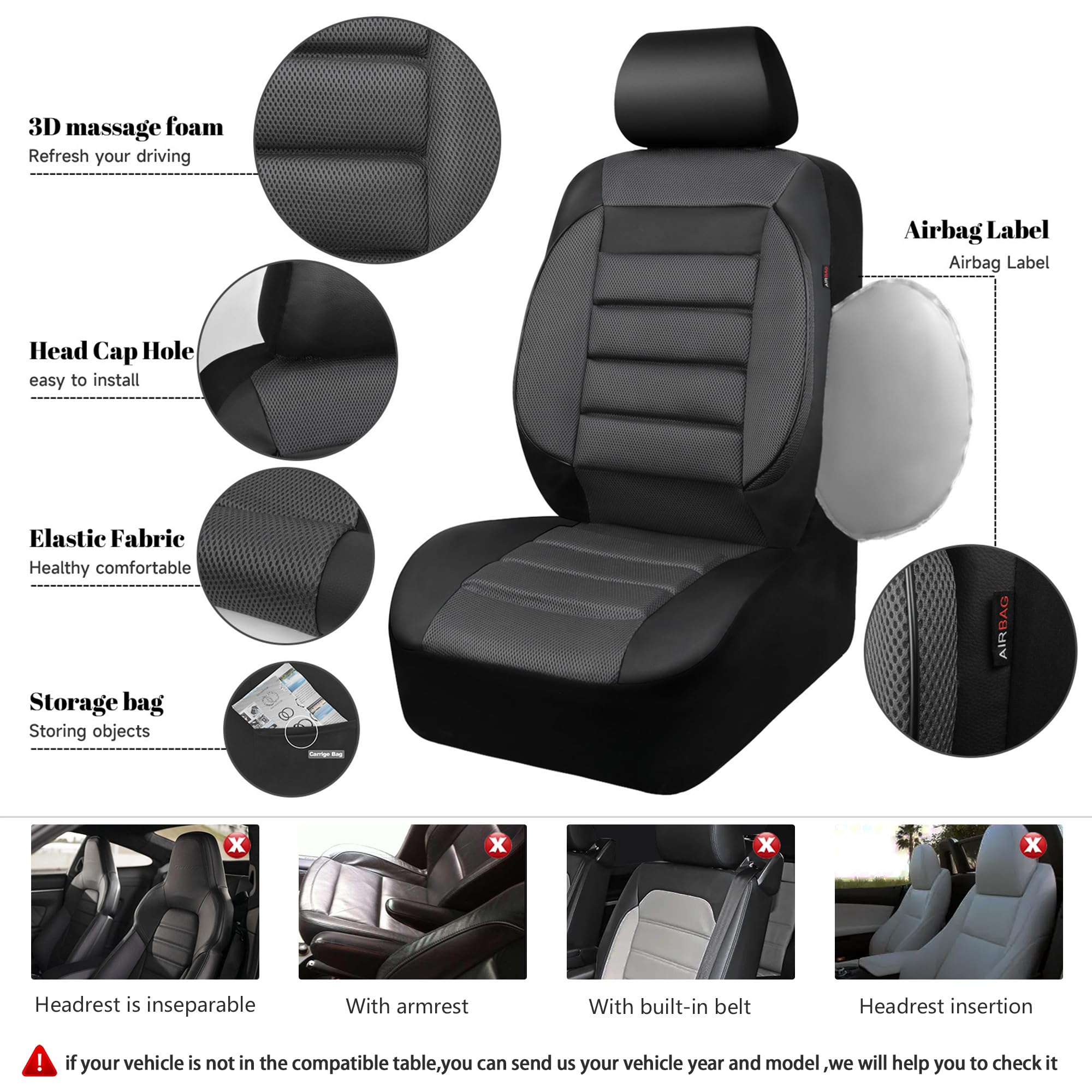 Premium 3D Foam Back Support Leather Car Seat Covers Full Set - Breathable Air Mesh Design for All Seasons | Universal Fit for Sedan, SUV, Van | Airbag Compatible & Ergonomic Support (Black Charcoal Gray) | Perfect for Long Drives, Commuting & Road Trips