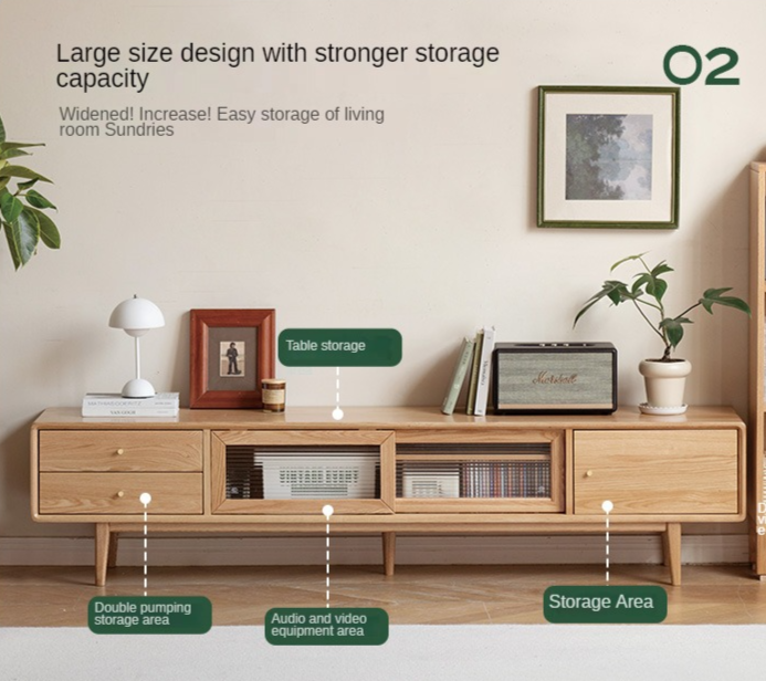 Solid Oak Wood TV Stand with Sliding Doors - Modern Entertainment Center for Living Room, Bedroom & Home Theater