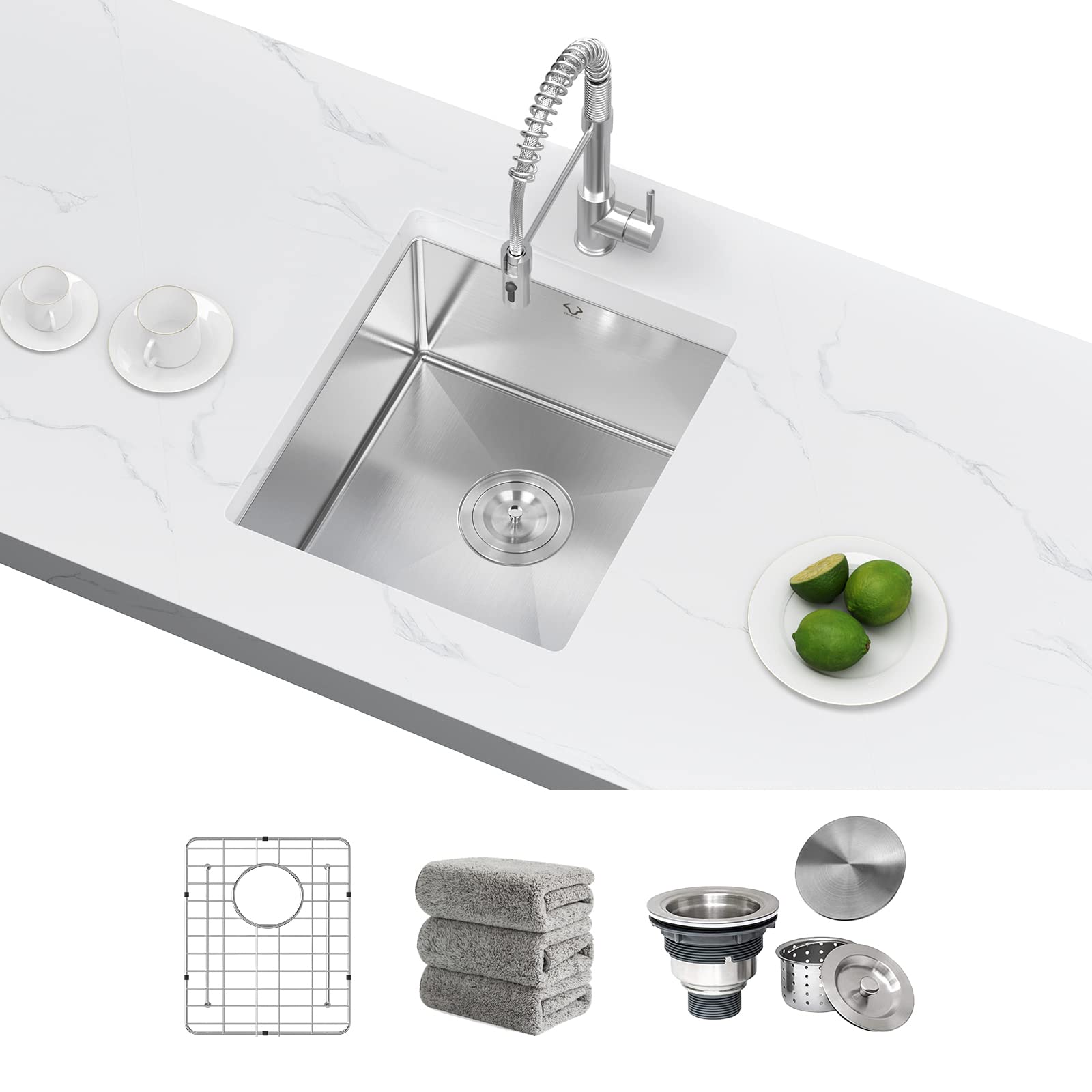 15x17 Inch Undermount Bar Sink - 16 Gauge Stainless Steel Wet Bar Prep Sink with Single Bowl & 5-Piece Set (Includes Bottom Grid, Drain Assembly, Drain Cap & Kitchen Towel) - Perfect for Small Kitchen, Wet Bar, RV, or Outdoor Entertaining Areas
