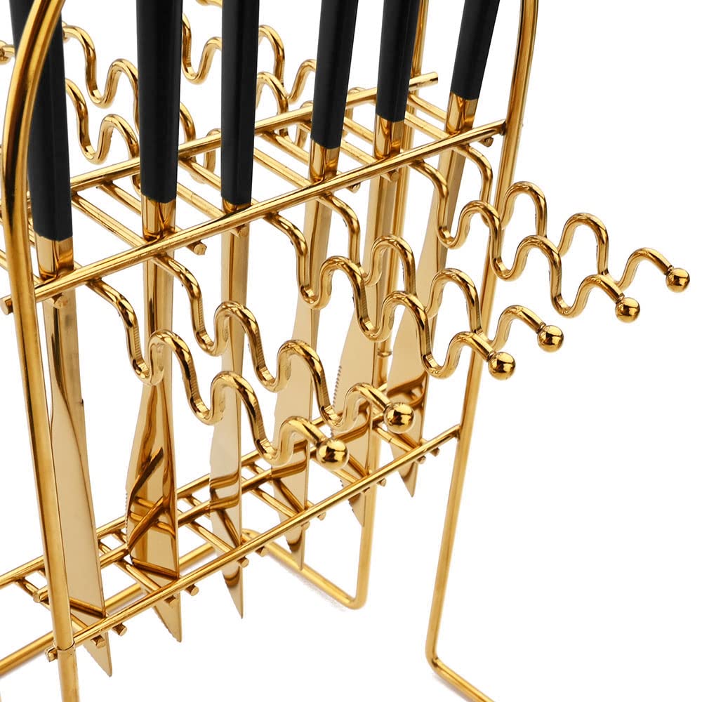 24-Piece Classic Flatware Set with Cutlery Stand - 18/0 Stainless Steel Mirror Finish Knife Fork Spoon Teaspoon Silverware Set in Gift Box - Service for 6 - Black Handle Gold - Perfect for Dining, Gifting & Home Decor
