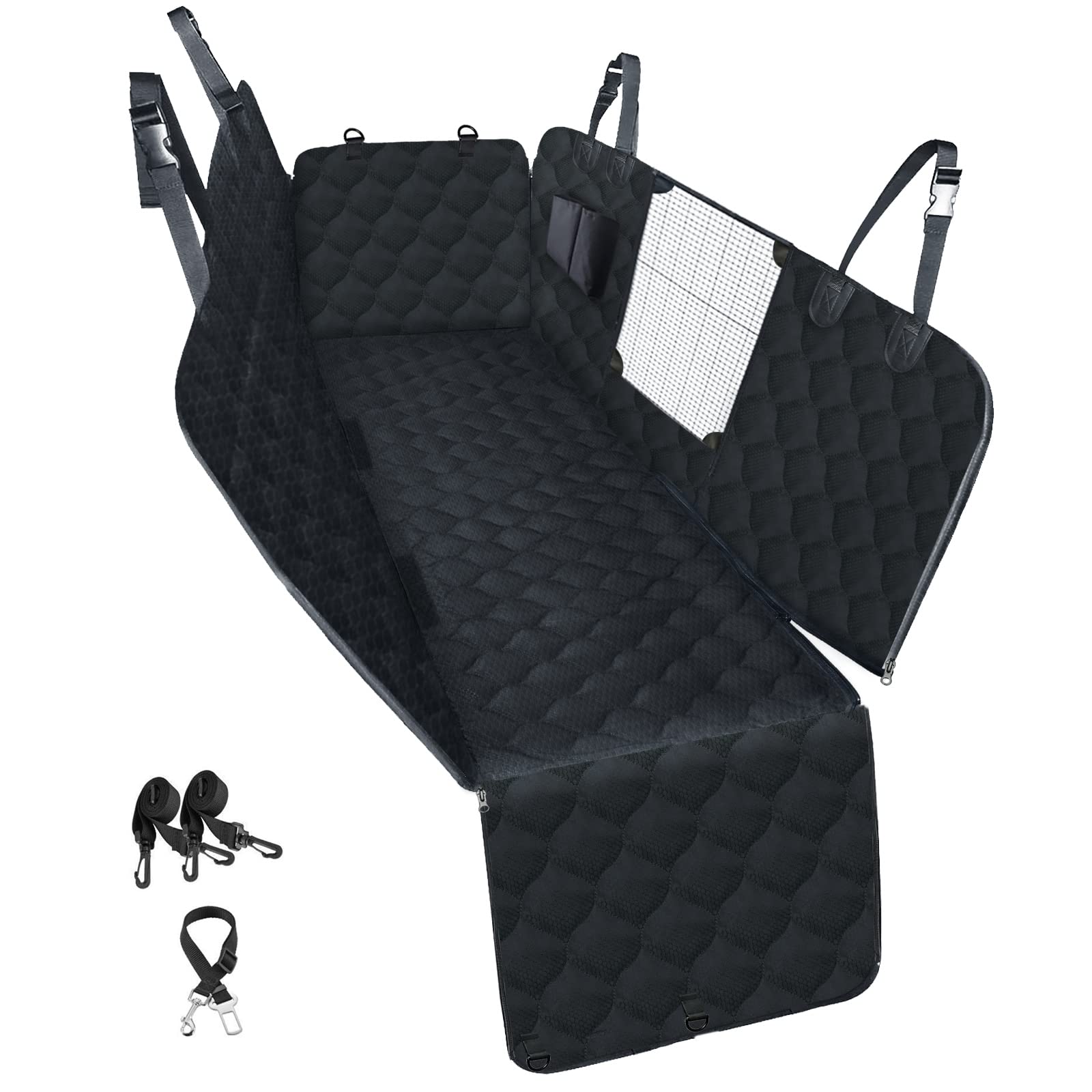 Waterproof PETICON Cargo Liner & Dog Car Seat Cover with Mesh Window & Bumper Flap Protection - Durable Pet Back Seat Protector for Cars, SUVs, Trucks | Perfect for Travel, Camping & Daily Pet Transportation