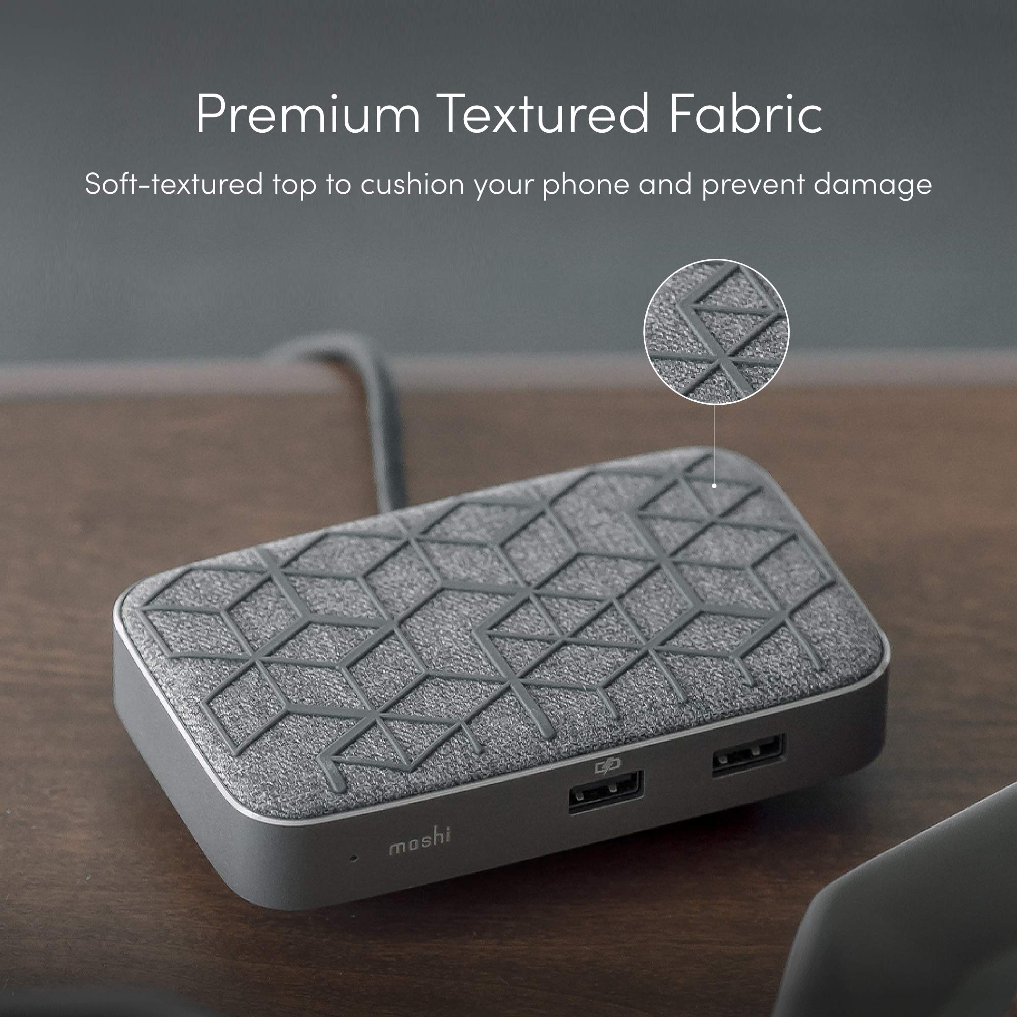 Moshi Symbus Q 6-in-1 USB C Hub with 15W Wireless Charger - HDMI 4K HDR, 60W PD Fast Charging, Dual USB-A, Gigabit Ethernet - Compatible with iPhone 12 Series, AirPods Pro, Samsung Galaxy & Google Pixel - Perfect for Home Office, Travel & Mobile Workstations