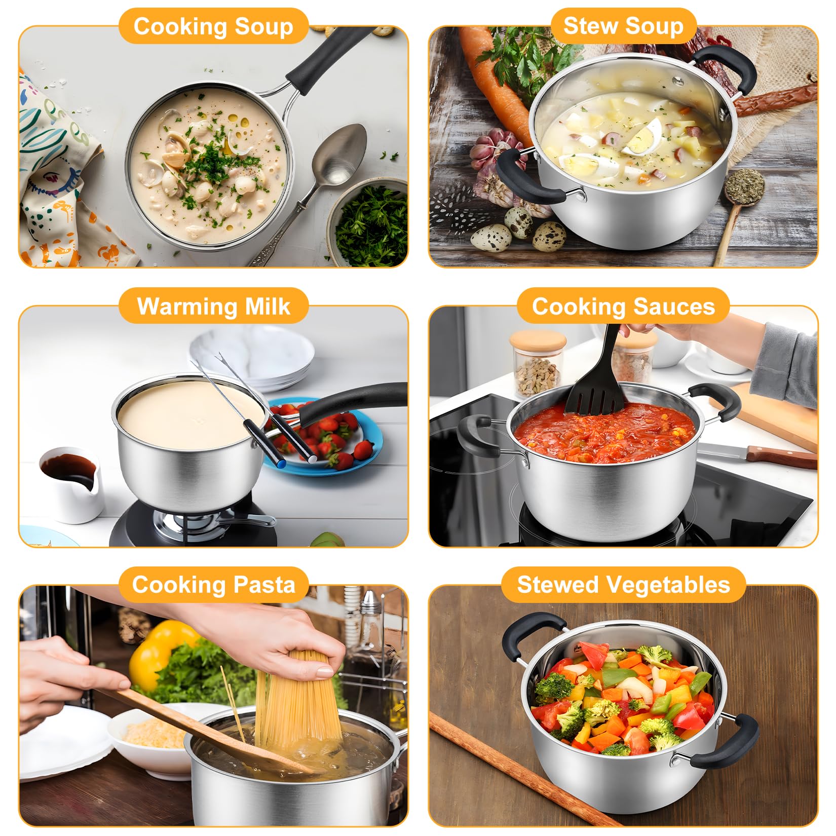 Premium P&P CHEF Stainless Steel Saucepan and Stockpot Set with Lid - 2QT & 4QT Kitchen Cookware for Boiling, Stewing & Cooking - Heat-Resistant Handles & Glass Lid - Dishwasher Safe - Perfect for Home Chefs & Professional Kitchens