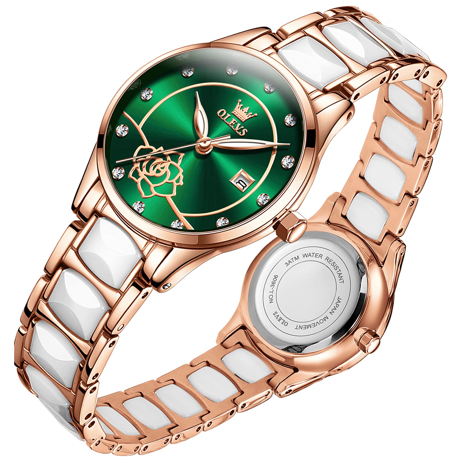 OLEVS Women's Luxury Watch - Two Tone Stainless Steel & Ceramic Bracelet, Rose Gold Diamond Date Watch with Blue/Red/Pink/White Dial - Perfect for Office, Party & Everyday Wear