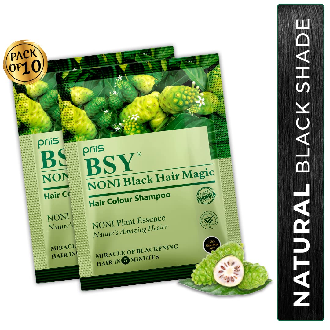 BSY Noni Black Hair Magic Hair Color Shampoo (20ml x 10 Sachets) - Ammonia Free Permanent Hair Dye for Men & Women | Natural Noni Fruit Extract | At-Home Hair Coloring Solution for Gray Coverage & Vibrant Black Shine