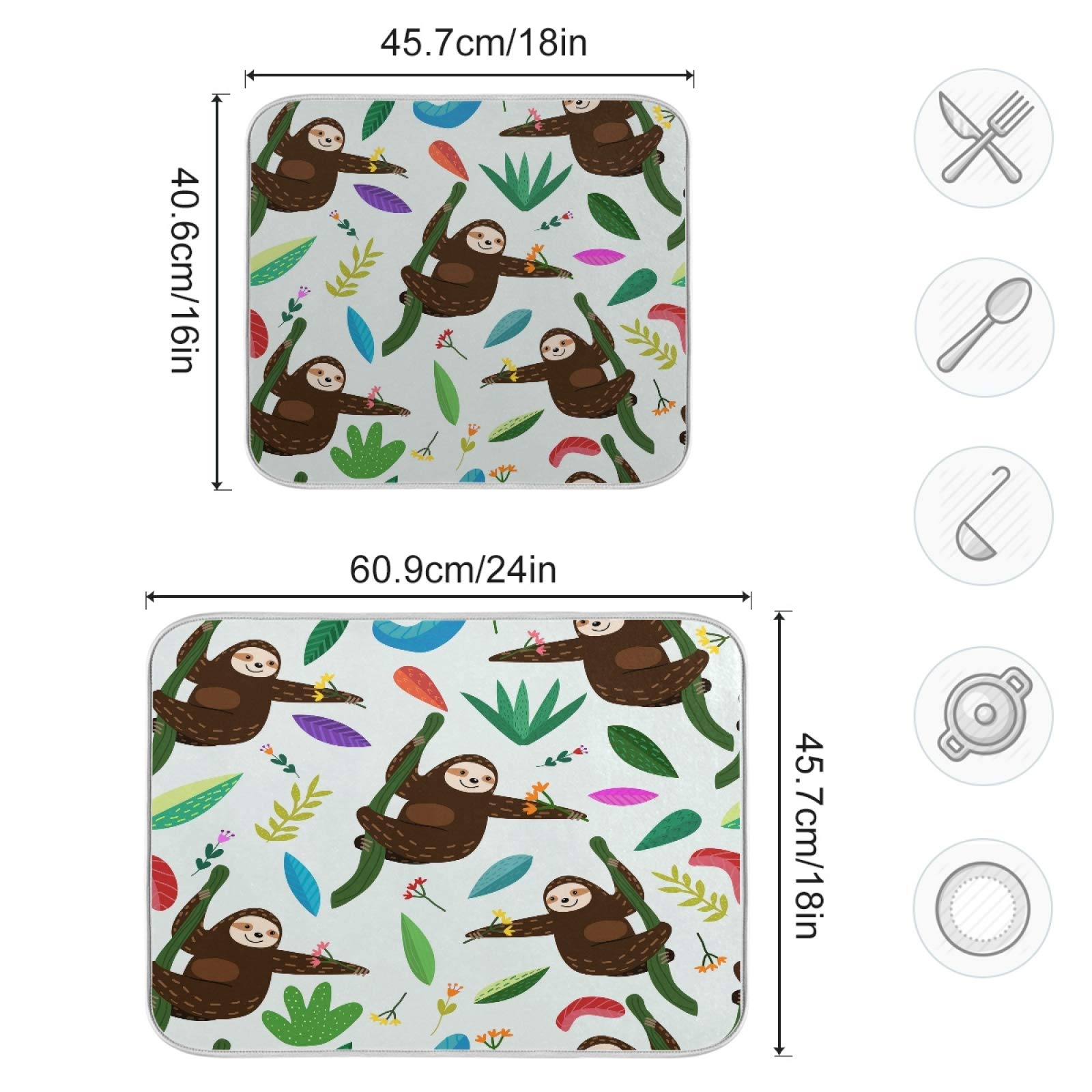 Cute Sloth Dish Drying Mat - Absorbent Kitchen Decor with Flower Leaf Design (16x18 Inch) | Non-Slip Drainer Pad for Dishes, Easy to Clean | Perfect for Kitchen Countertops, Sink Areas & Baby Bottle Drying