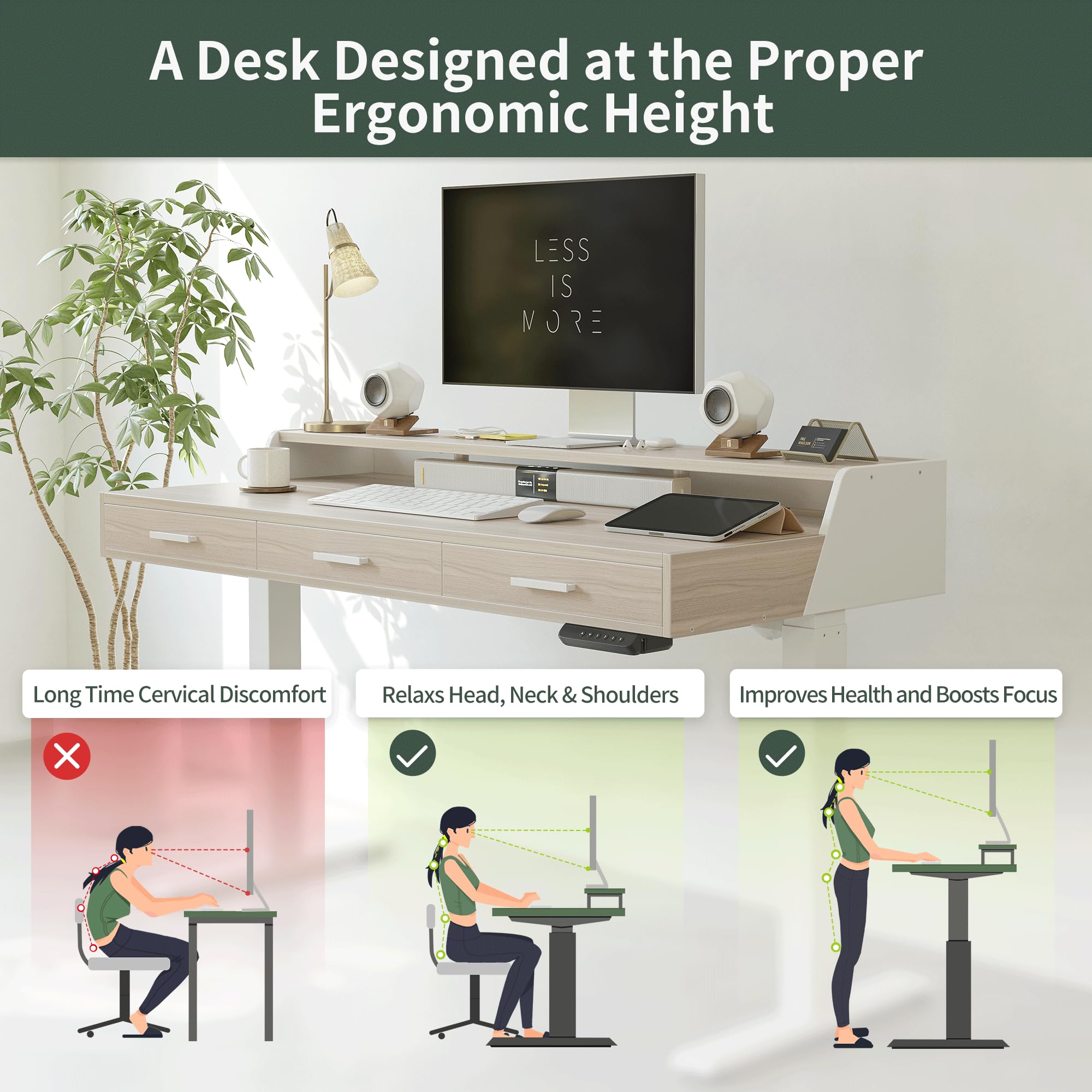 FEZIBO 55x26 Inch Electric Standing Desk with Drawers - Adjustable Height Sit Stand Desk with Monitor Shelf, Light Walnut Home Office Desk for Work from Home & Gaming Setup