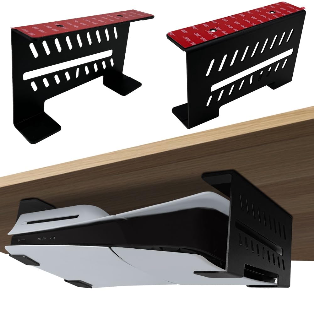 Premium Aluminum PS5 Slim/PS5 Under-Table Mount Bracket - No Drilling Required - Compatible with PlayStation 5 Disc & Digital Edition (Black) - Perfect for Gaming Setups & Small Spaces