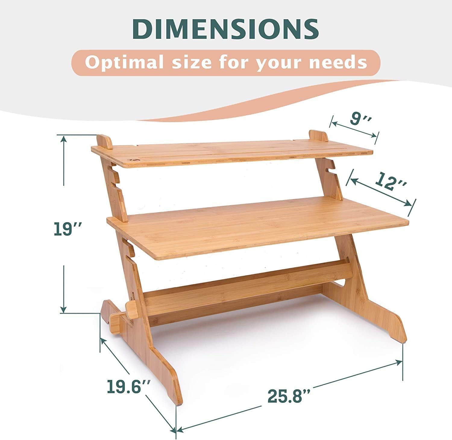 Adjustable Standing Desk Riser - 100% Natural Bamboo Monitor Stand with No Screws Assembly (19