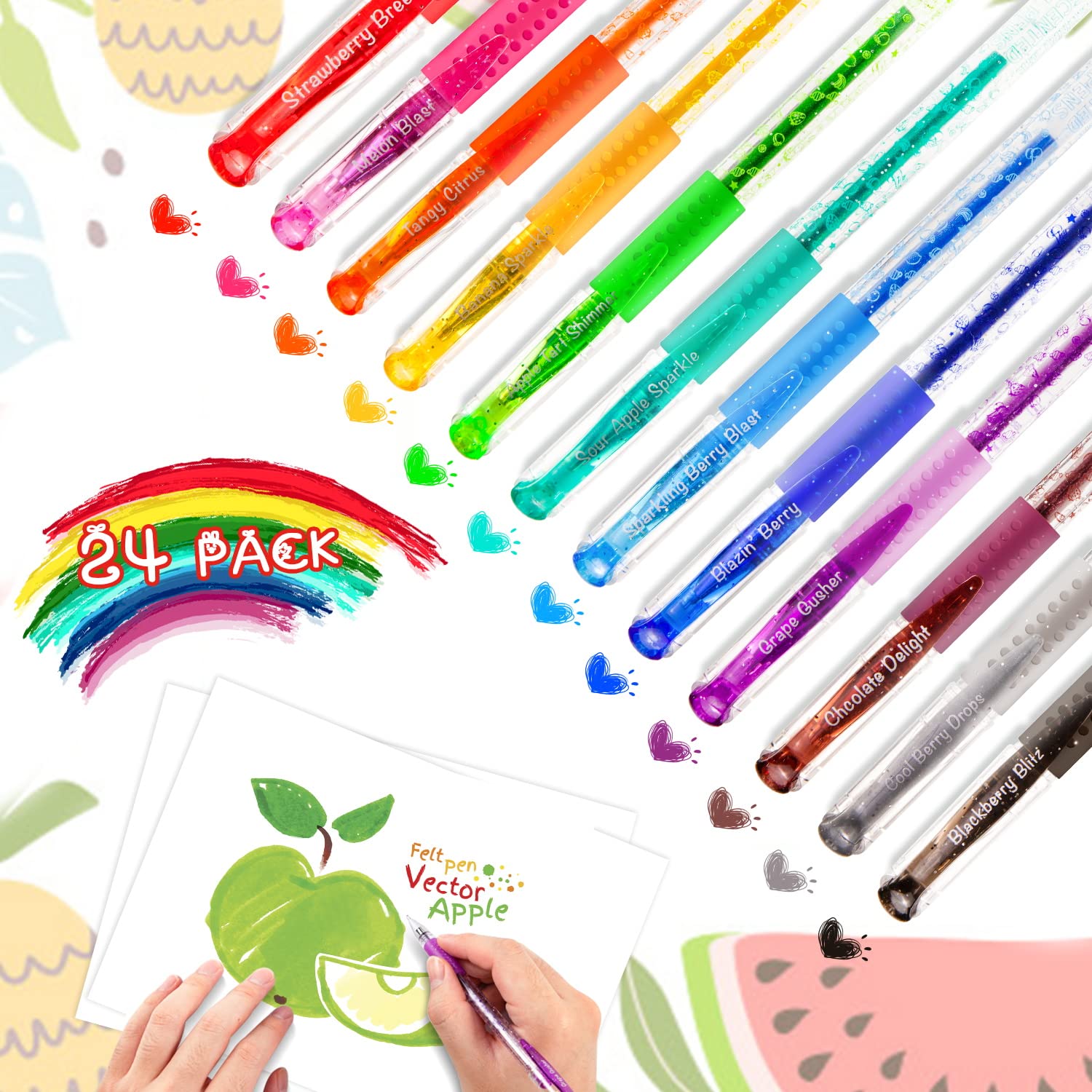 Fruity Scented Gel Pens with Glitter - 24 Pack Colorful Sweet-Smelling Pens for Coloring, Journaling, Drawing & Note Taking | Perfect School Supplies & Gift Idea for Students, Artists & Office Use
