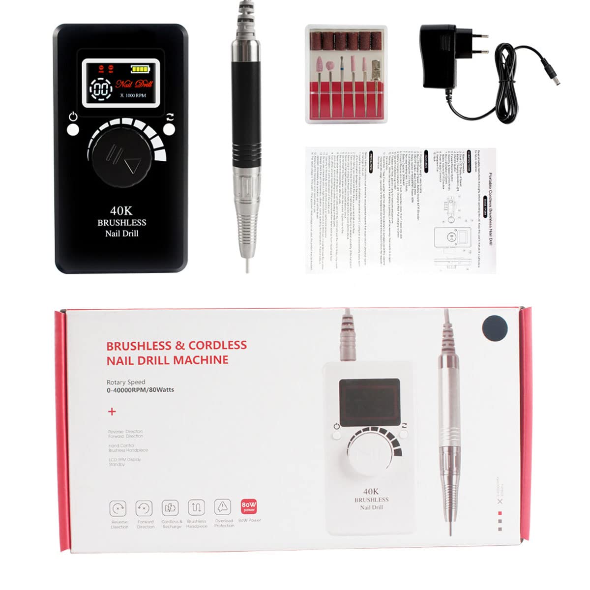 HUILEI Rechargeable Nail Drill Machine 40,000 RPM - Professional Brushless Nail File Kit for Acrylic Nails, Gel Polish & Manicure Pedicure - Fast & Quiet Nail Art Polisher Set (Black) | Perfect for Salon, Home Use & DIY Nail Care