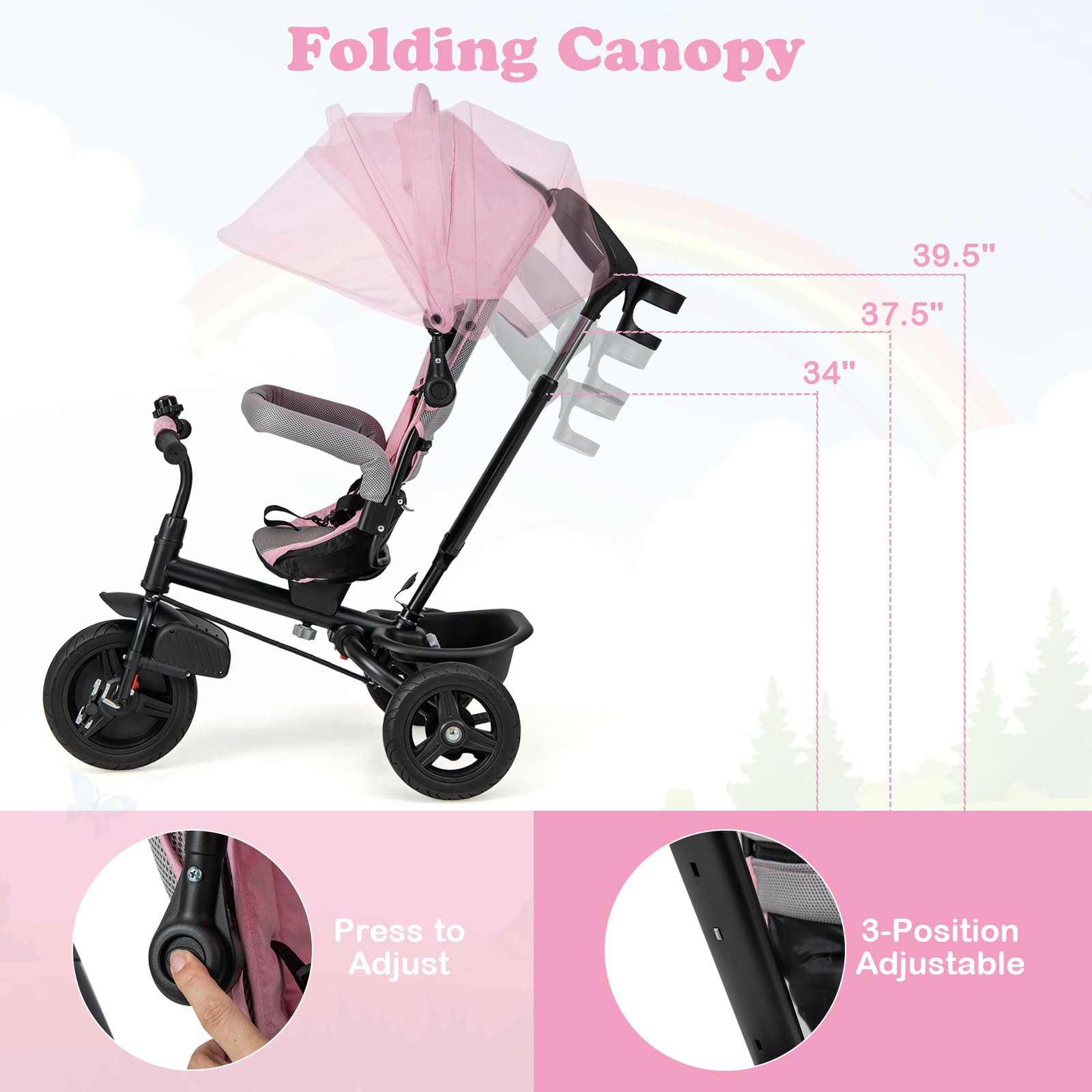 HONEY JOY 6-in-1 Convertible Kids Tricycle with Adjustable Push Handle & Canopy - Reversible Seat, Safety Belt, Folding Pedals, Cup Holder & Storage - Toddler Tricycle for Ages 9 Months to 5 Years (Pink) - Perfect for Outdoor Play, Park Rides & Neighborhood Strolls