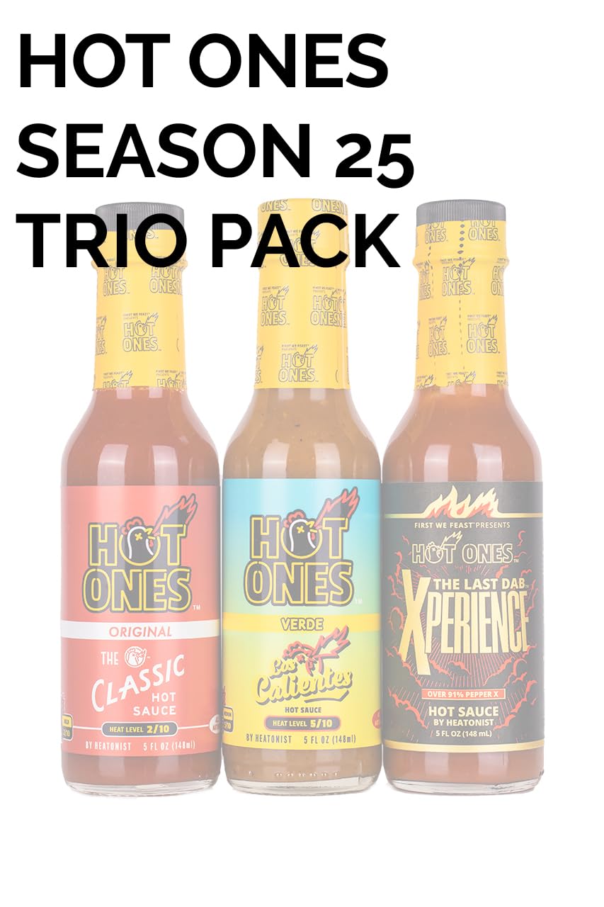 Hot Ones Season 25 Trio Pack Hot Sauce - All Natural Ingredients, 5 fl oz Bottles (3-Pack) - Perfect for Spicy Food Lovers, Game Nights & Hot Sauce Challenges