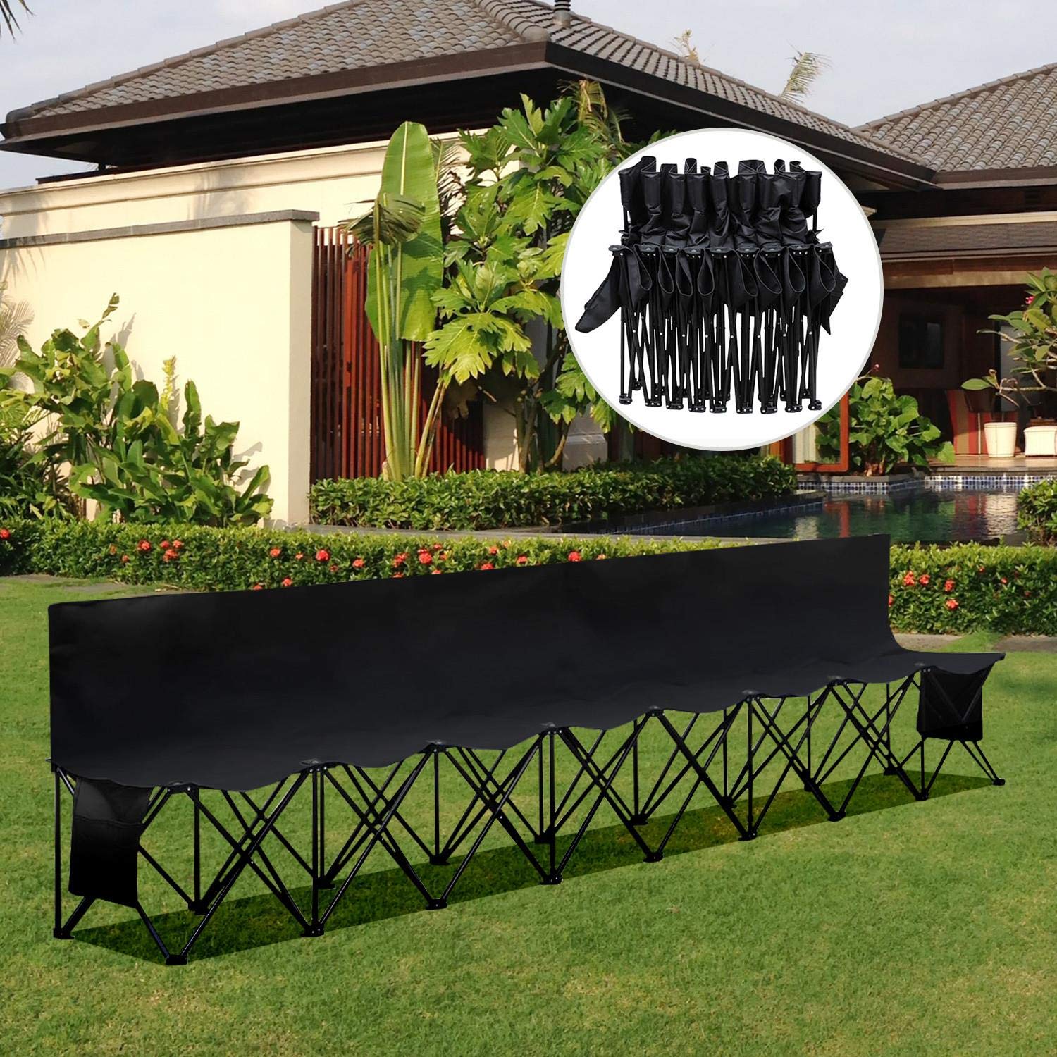 Yaheetech 8-Seat Folding Sports Bench - Portable Outdoor Sideline Soccer Bench with Waterproof Cover & Side Storage Bag - Black - Perfect for Team Games, Picnics, and Outdoor Events