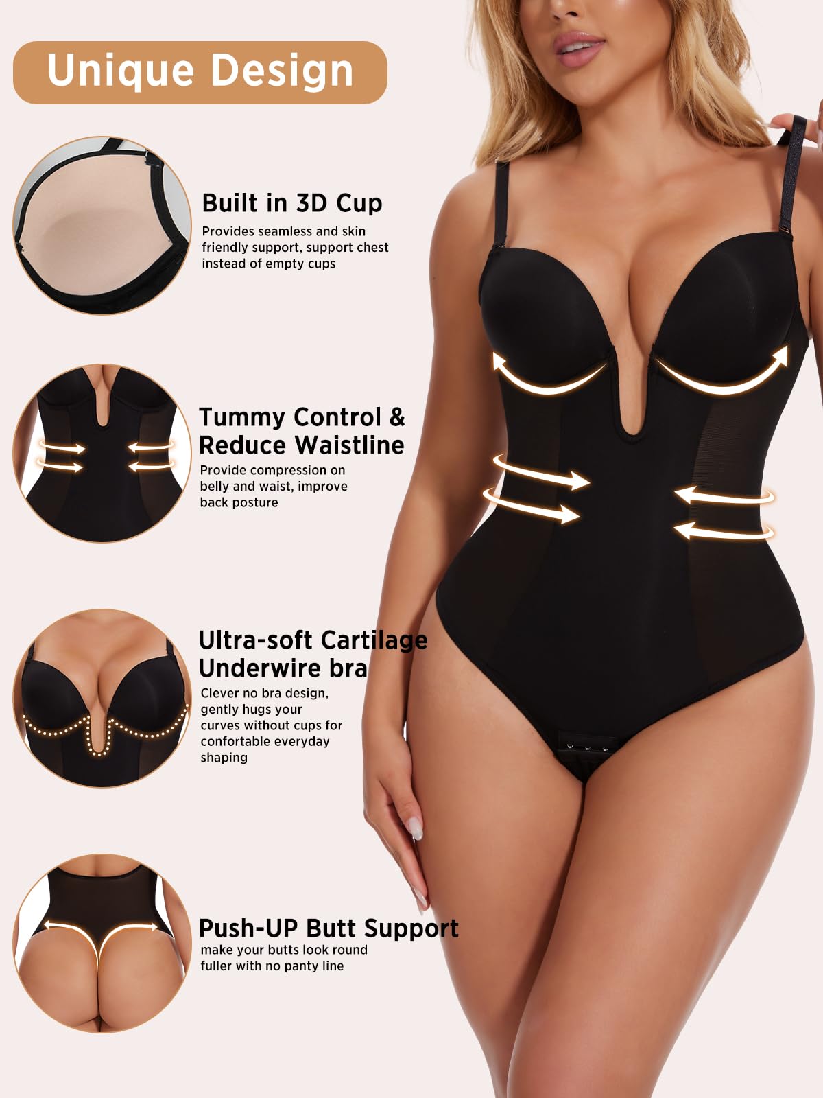 JOYSHAPER Women's Shapewear Bodysuit with Built-in Bra - Tummy Control U Plunge Backless Body Shaper Thong Suit for Slimming & Smoothing | Perfect for Dresses, Evening Wear & Special Occasions