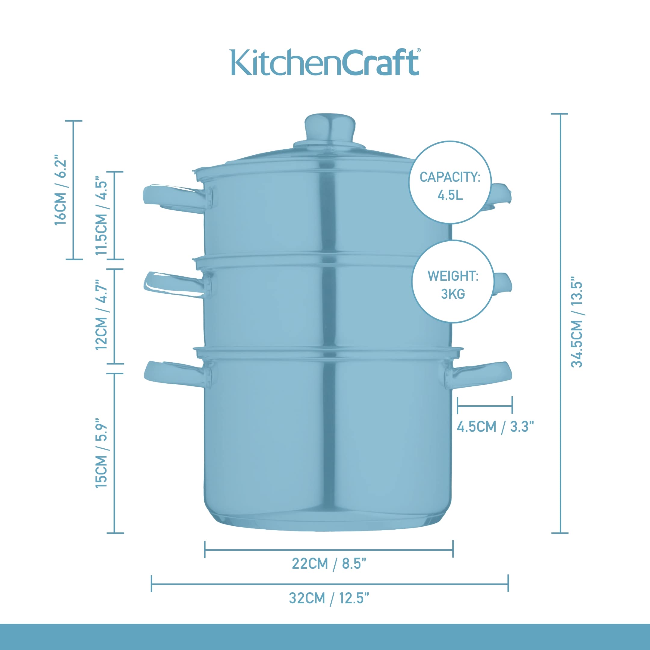 KitchenCraft 3-Tier Stainless Steel Food Steamer Pot with Lid - 22cm/8.5 Inch Silver Cooking Pan for Vegetables, Dumplings & Seafood - Perfect for Healthy Meal Prep, Asian Cuisine & Family Dinners