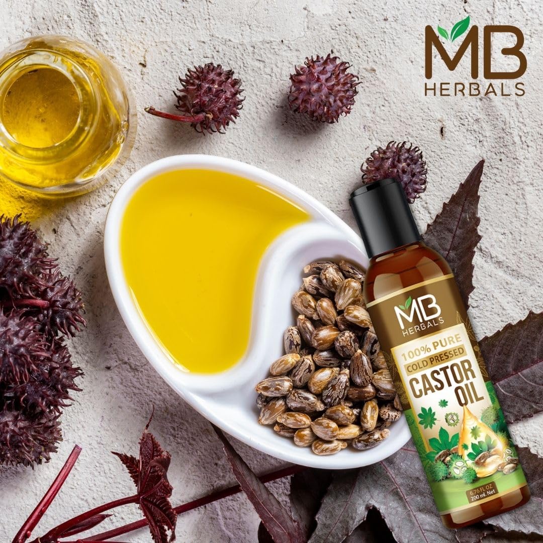MB Herbals 100% Pure Cold Pressed Castor Oil for Hair Growth, Skin Care & Nail Strength - Natural Beard Growth Treatment - 200ml - Perfect for Daily Hair & Skin Routine, DIY Beauty Recipes & Eyelash Enhancement