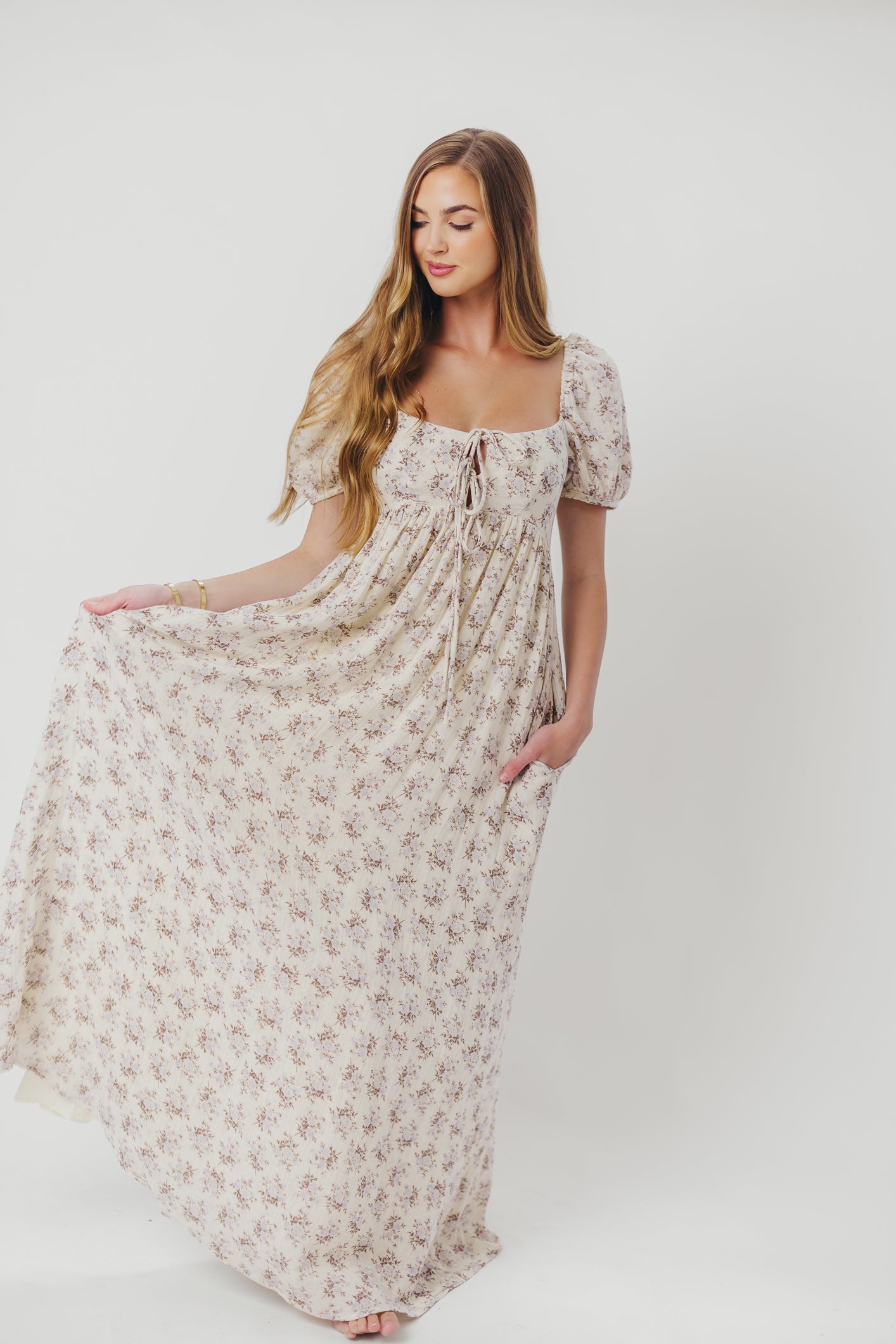 Haven 100% Cotton Tie Front Maxi Dress - Blue & Brown Floral Print | Bump Friendly Maternity Dress | Perfect for Beach, Vacation & Summer Outfits