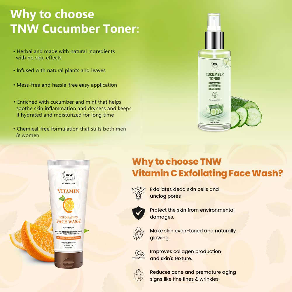 Vitamin C Exfoliating Face Wash & Cucumber Toner Set (100ml Each) for Glowing Skin - Natural Skincare Combo with No Harmful Chemicals | Gentle Cleanser & Makeup Remover | Perfect for Daily Skincare Routine & Post-Workout Refresh