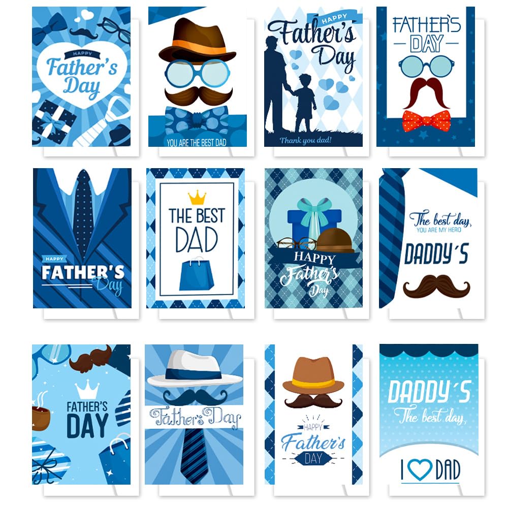 12-Piece Father's Day Card Set - Greeting Cards with Envelopes & Stickers - Perfect Gift from Son, Daughter, Husband, Wife or Kids - Ideal for Office, Home Decor & Special Occasions