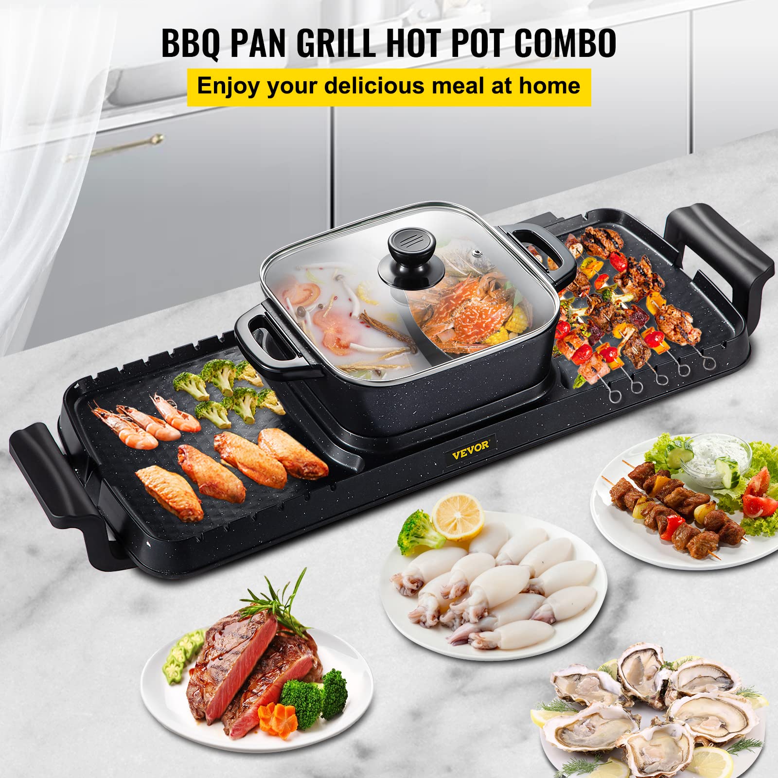 VEVOR 2400W Electric Grill & Hot Pot Combo - Smokeless 2-in-1 Indoor Grill with Dual Temperature Control, Nonstick Teppanyaki Griddle for BBQ, Shabu Shabu, Fondue - Perfect for Family Gatherings (1-8 People)