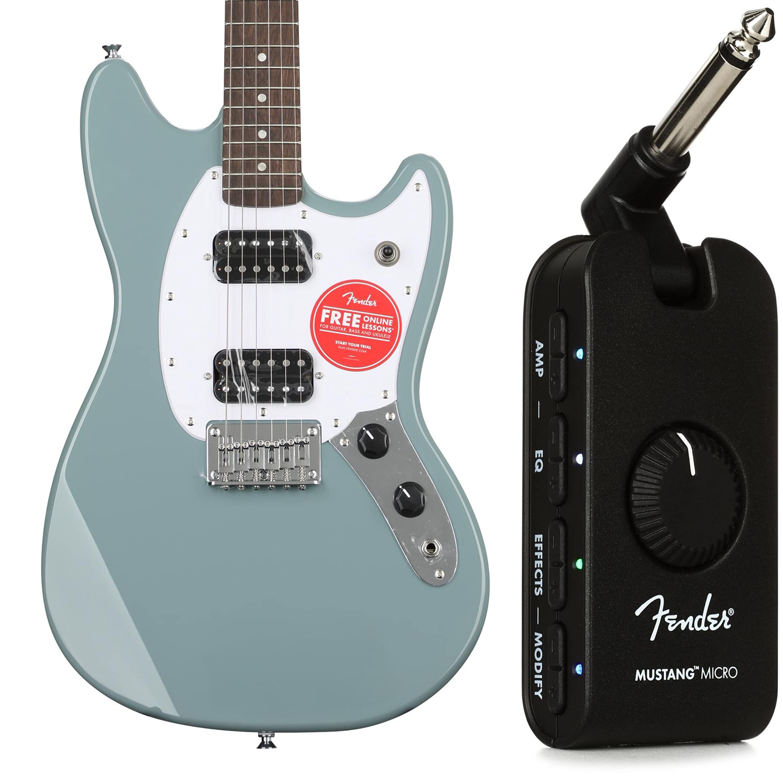 Squier Bullet Mustang HH Electric Guitar - Sonic Grey Finish with Indian Laurel Fingerboard & Mustang Micro Headphone Amp Bundle for Home Practice & Recording