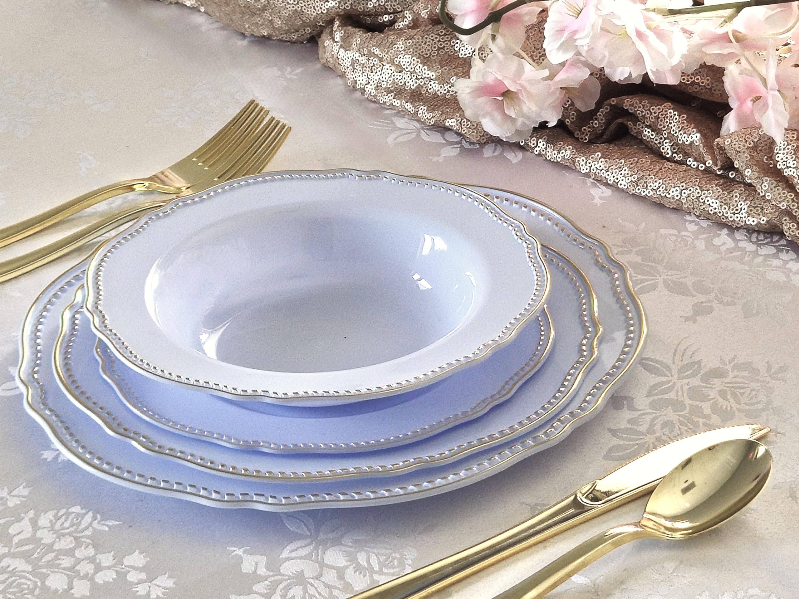 OCCASIONS 120-Pack Heavyweight Disposable Plastic Plates for Weddings & Parties - 10.25'' Dinner Plates in Rochelle Blue & Gold - Elegant Tableware for Bridal Showers, Baby Showers & Special Events