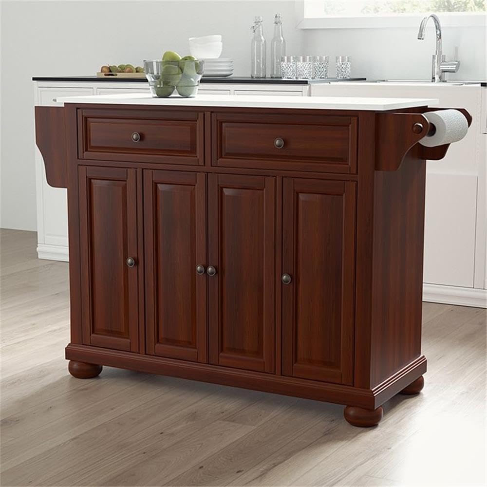 Pemberly Row Transitional Wood and Granite Kitchen Island in Mahogany - Stylish and Functional Centerpiece for Modern Kitchens, Perfect for Meal Prep, Entertaining & Extra Storage