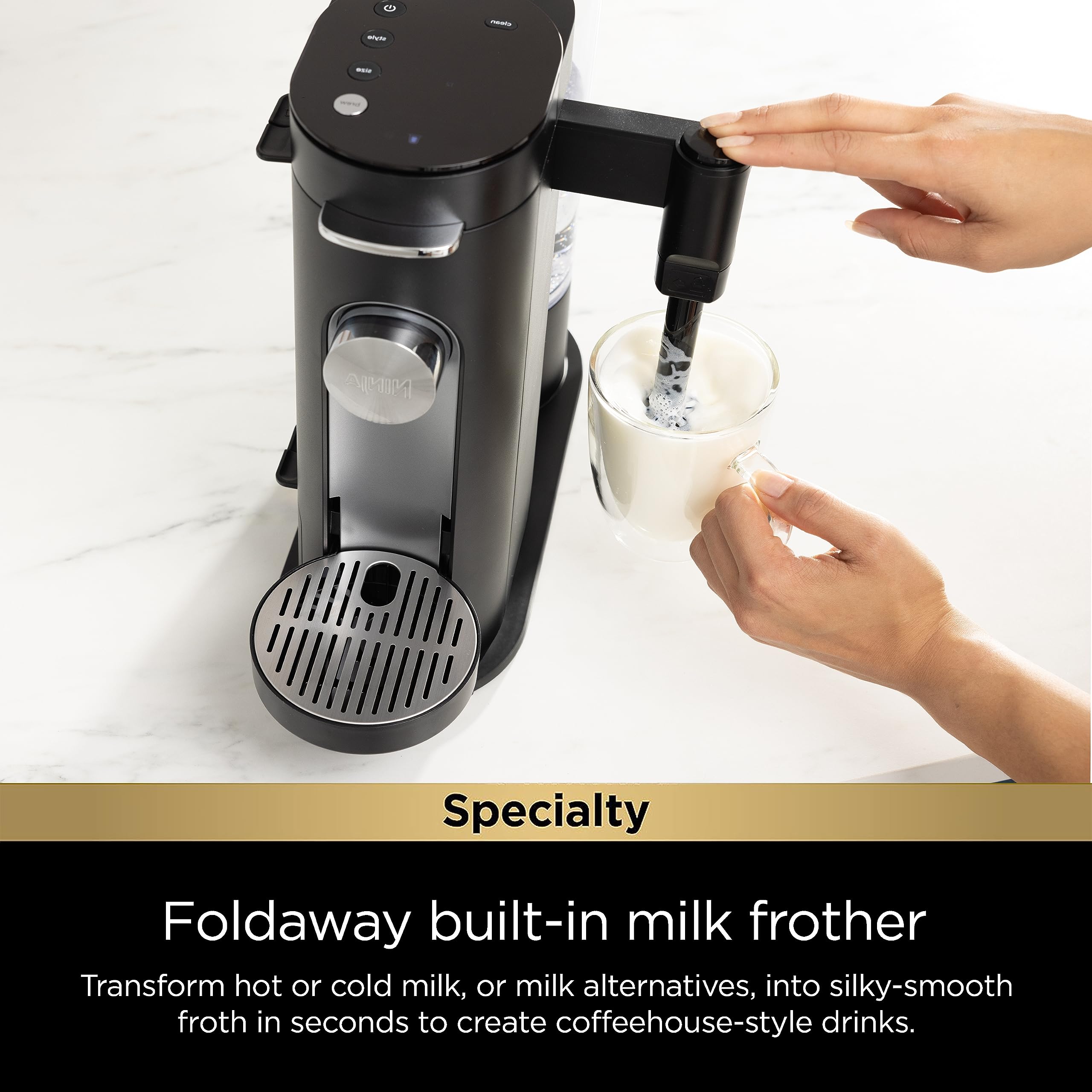 Ninja Specialty Single-Serve Coffee Maker with Built-In Milk Frother - K-Cup Pod & Ground Coffee Compatible - Compact Design for Small Spaces - 56oz Water Reservoir - Brews 6oz to 24oz Cups - Perfect for Home, Office & Dorm Use - Black (Model PB051)