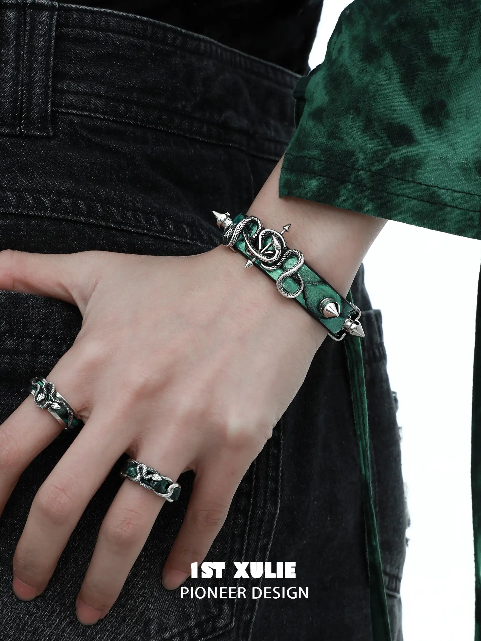 S925 Sterling Silver Snake Bite Couple Rings - Matching Open End Leather Band Rings for Men & Women - Perfect for Anniversary, Wedding, and Gothic Fashion Jewelry Gifts