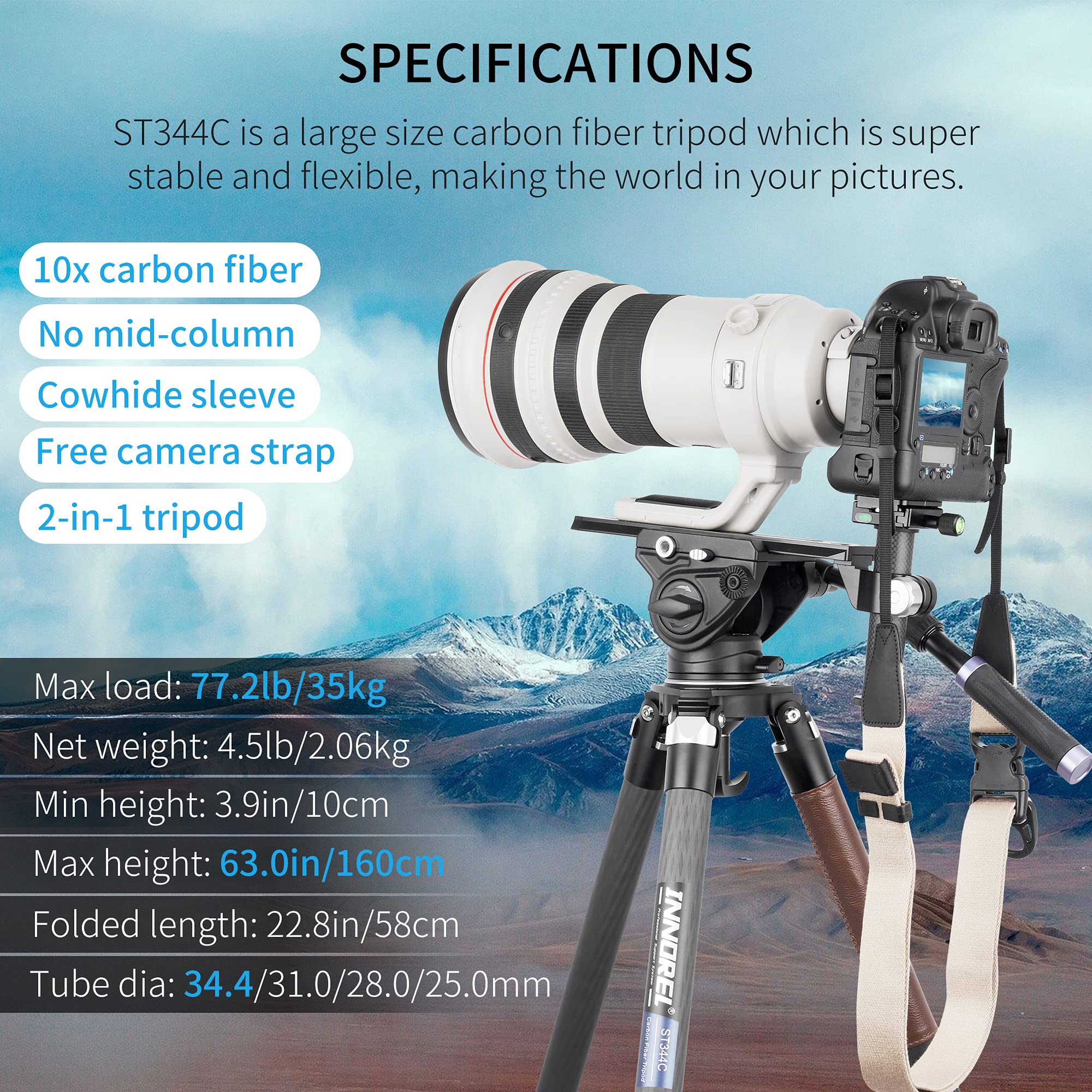 INNOREL ST344C Professional Carbon Fiber Tripod - Heavy Duty Camera Stand with 75mm Bowl Adapter, 34.4mm Tube Legs, 77.2 lbs Load Capacity (35kg), 63