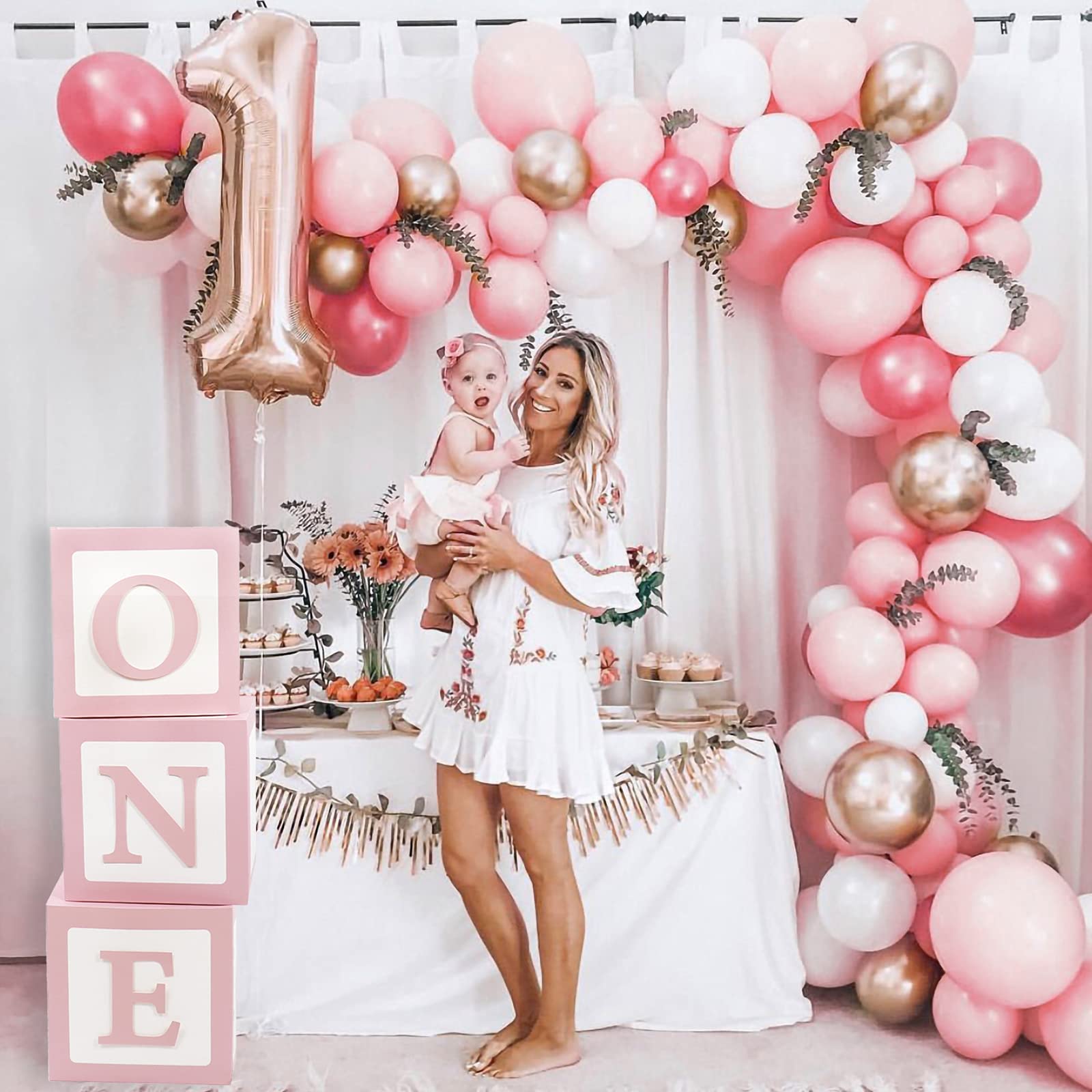 QIFU 1st Birthday Decorations for Girls - 3-Piece Pink ONE Letter Balloon Box Set with Blocks for Birthday Party Decor & Newborn Photo Props | Perfect for Baby's First Birthday, Gender Reveal, and Photography Backdrops