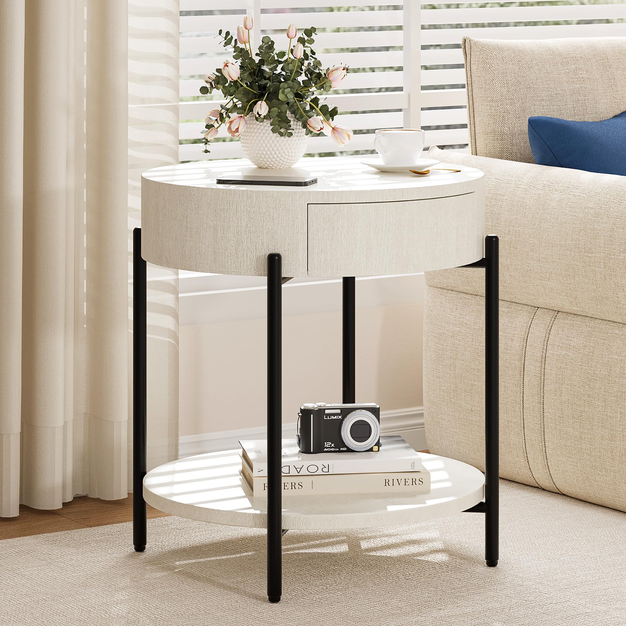 Round Wooden End Table with Drawer - Modern Side Table & Bedside Nightstand for Living Room, Bedroom, Office - Small Circle Accent Table with Storage Space