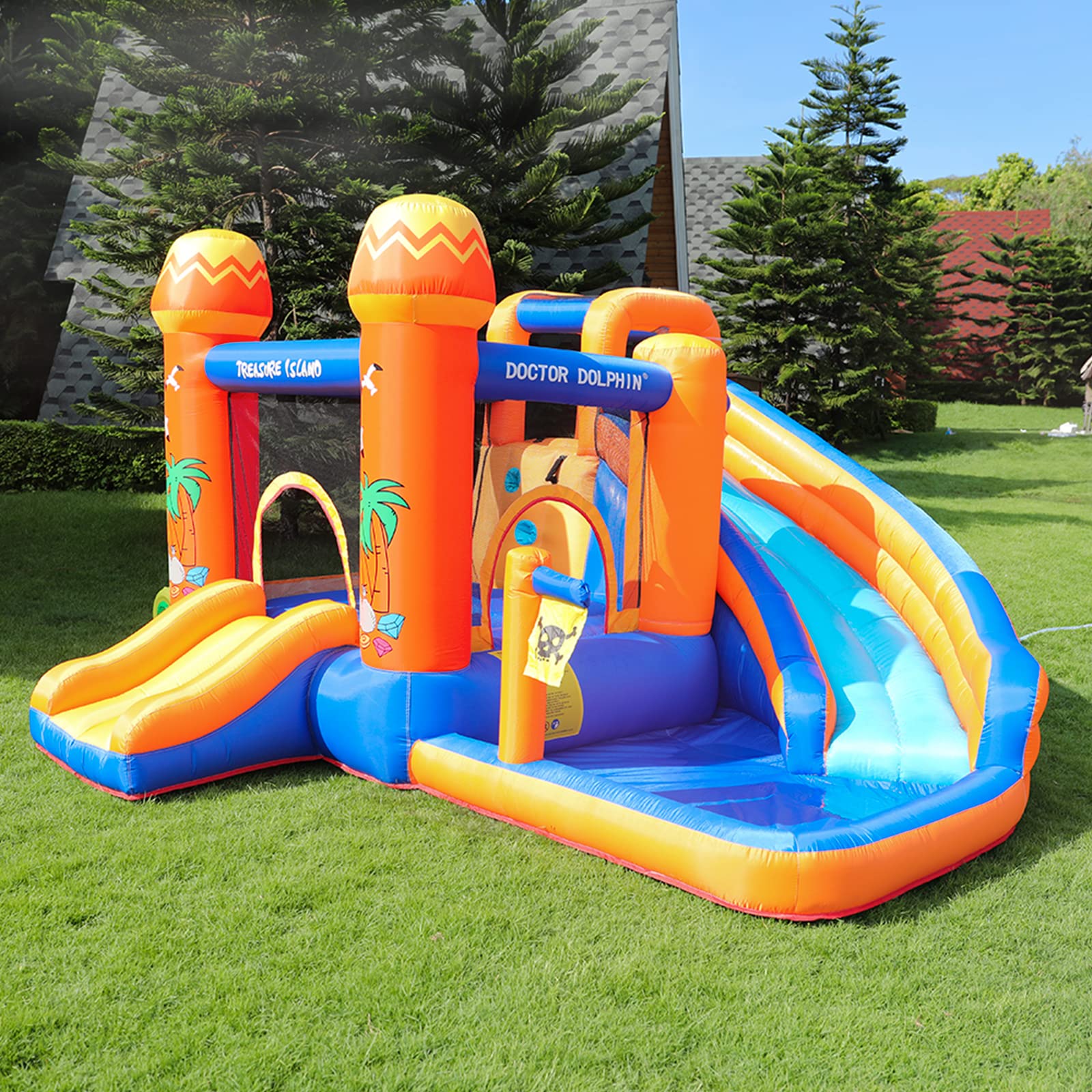 **Doctor Dolphin Inflatable Water Slide for Kids - Bounce House with Blower, Wet & Dry Bouncy Slide & Splash Pool - Outdoor Water Park for Backyard, Birthday Parties & Summer Fun**