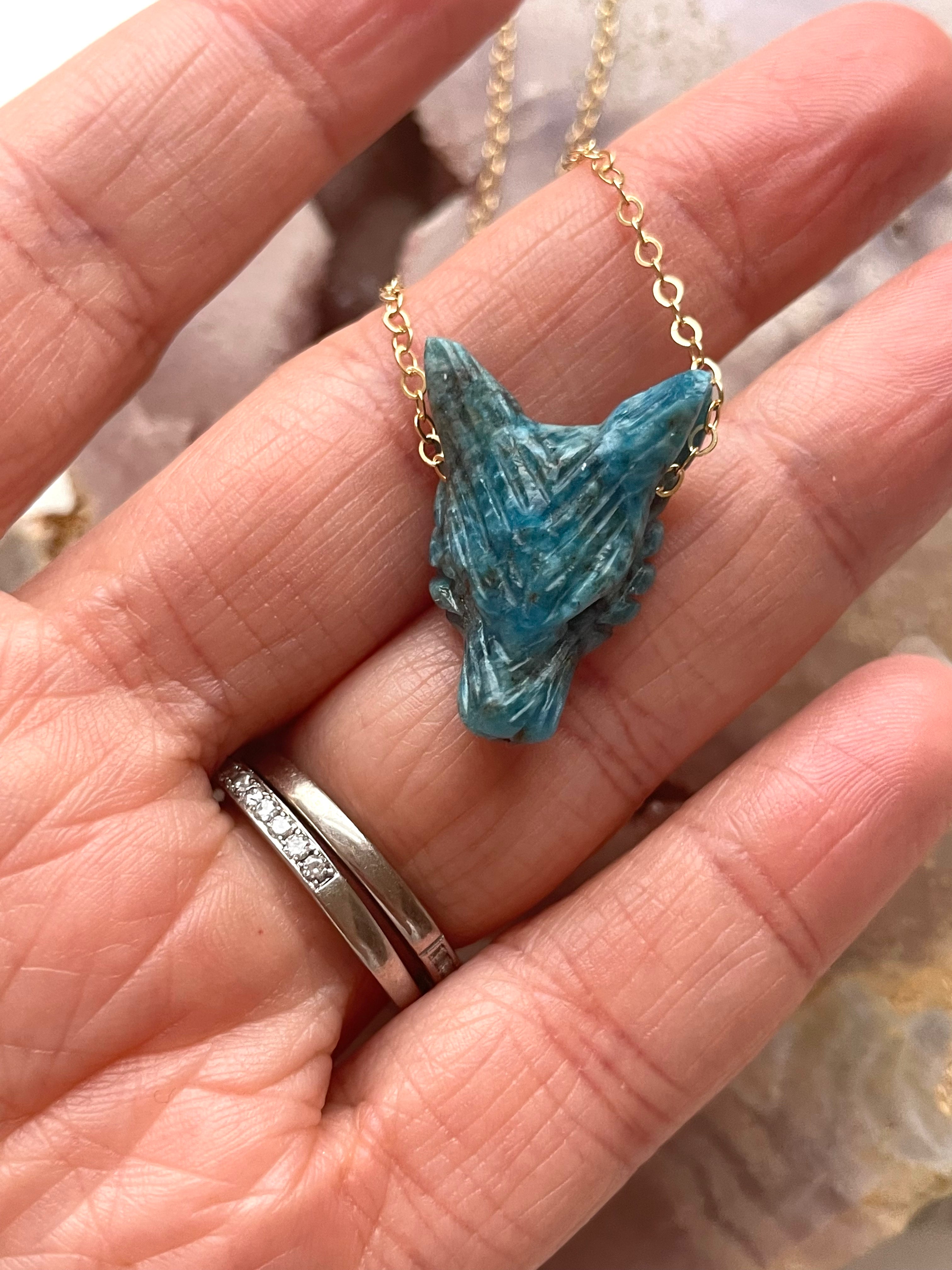 Apatite Wolf Head Necklace for Women - Handmade Sterling Silver Pendant with Healing Crystal - Perfect for Spiritual Protection, Boho Jewelry & Gift Giving