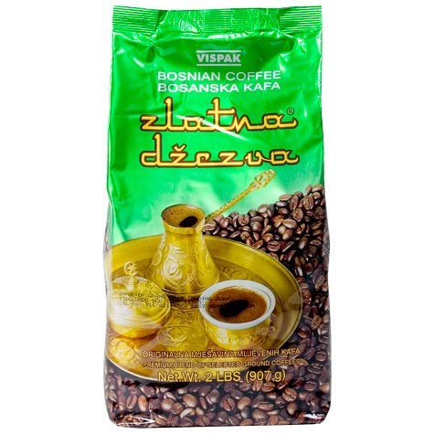 Premium Bosnian Ground Coffee - Zlatna Dzezva (Vispak) 2lbs (907g) - 10 Pack Green Bags - Authentic Balkan Coffee for Home Brewing & Turkish Coffee Making