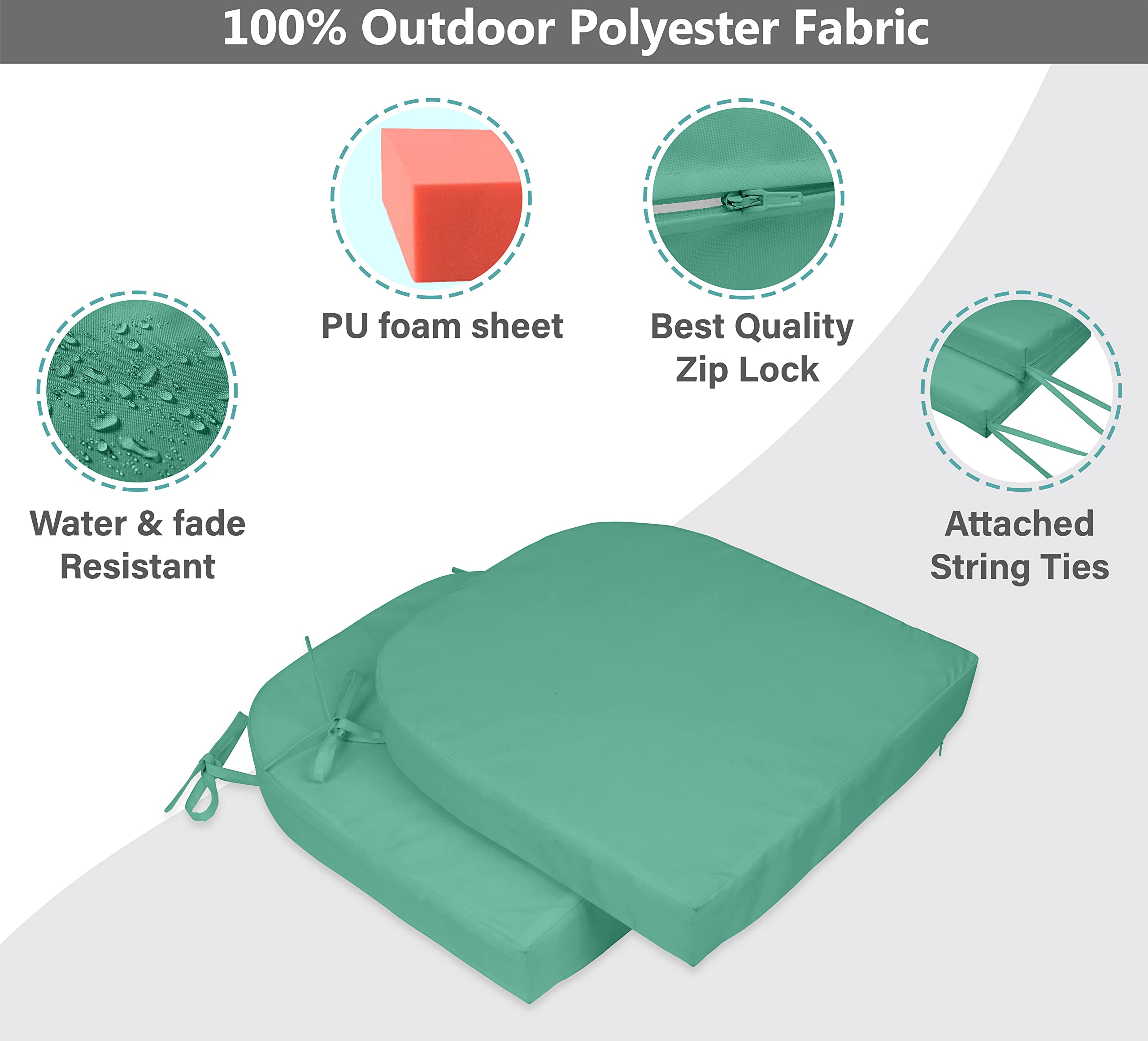 Premium Indoor/Outdoor Chair Cushions 16x18 Inch with Ties - Rounded Back Patio Seat Cushions Set of 2 in Aquamarine Blue - Waterproof Garden Furniture Cushions for Patio Chairs, Deck, Porch & Poolside Lounging