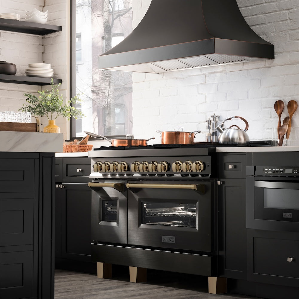 ZLINE Autograph Edition 48-inch Black Stainless Steel Dual Fuel Range & Range Hood with Champagne Bronze Accents - Professional Kitchen Package (2AKP RABRH48 CB) for Modern Home Chefs & Gourmet Cooking Enthusiasts