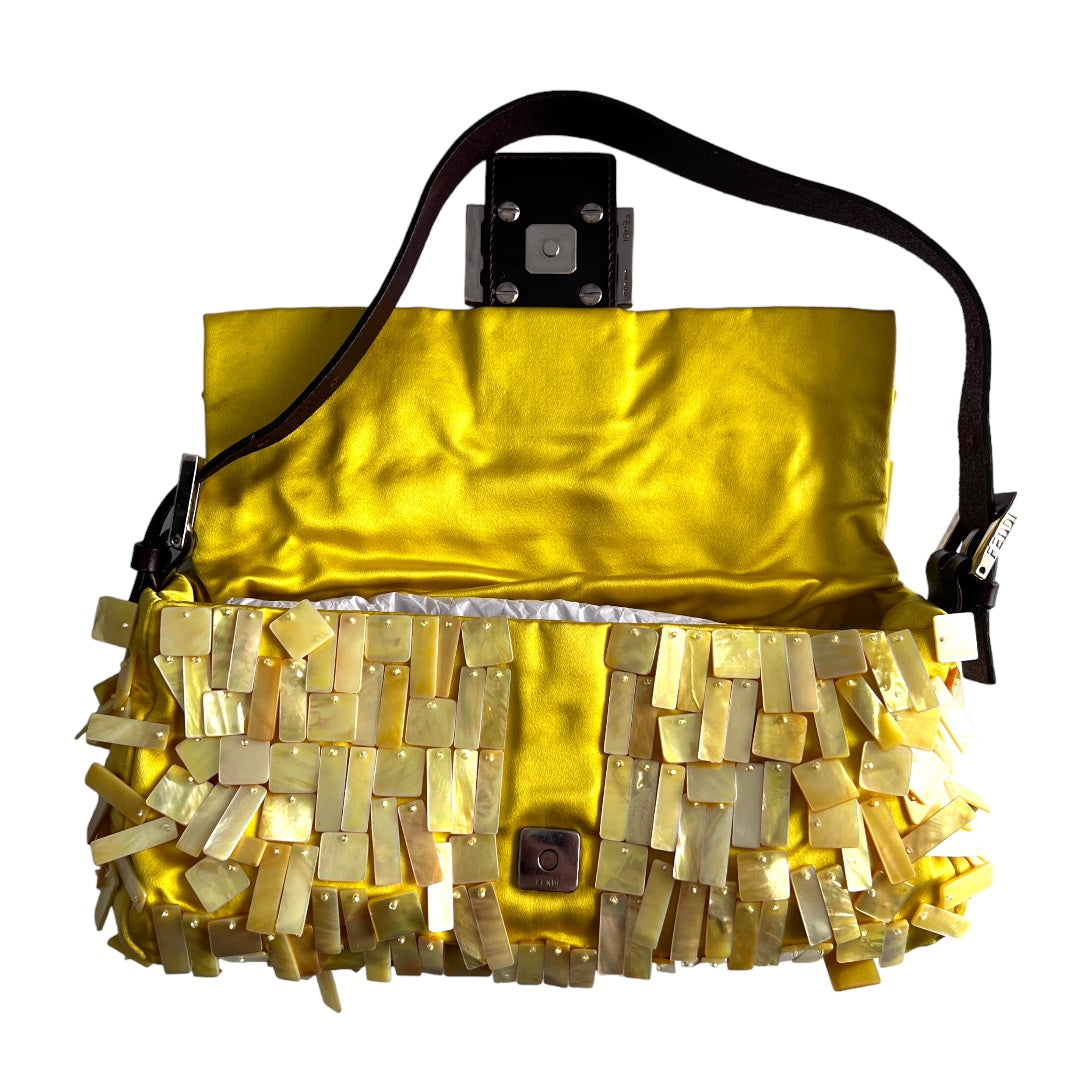 Vintage Fendi Lemon Satin Mother of Pearl Baguette Bag - Luxury Designer Crossbody Purse for Women, Perfect for Parties, Weddings & Evening Events